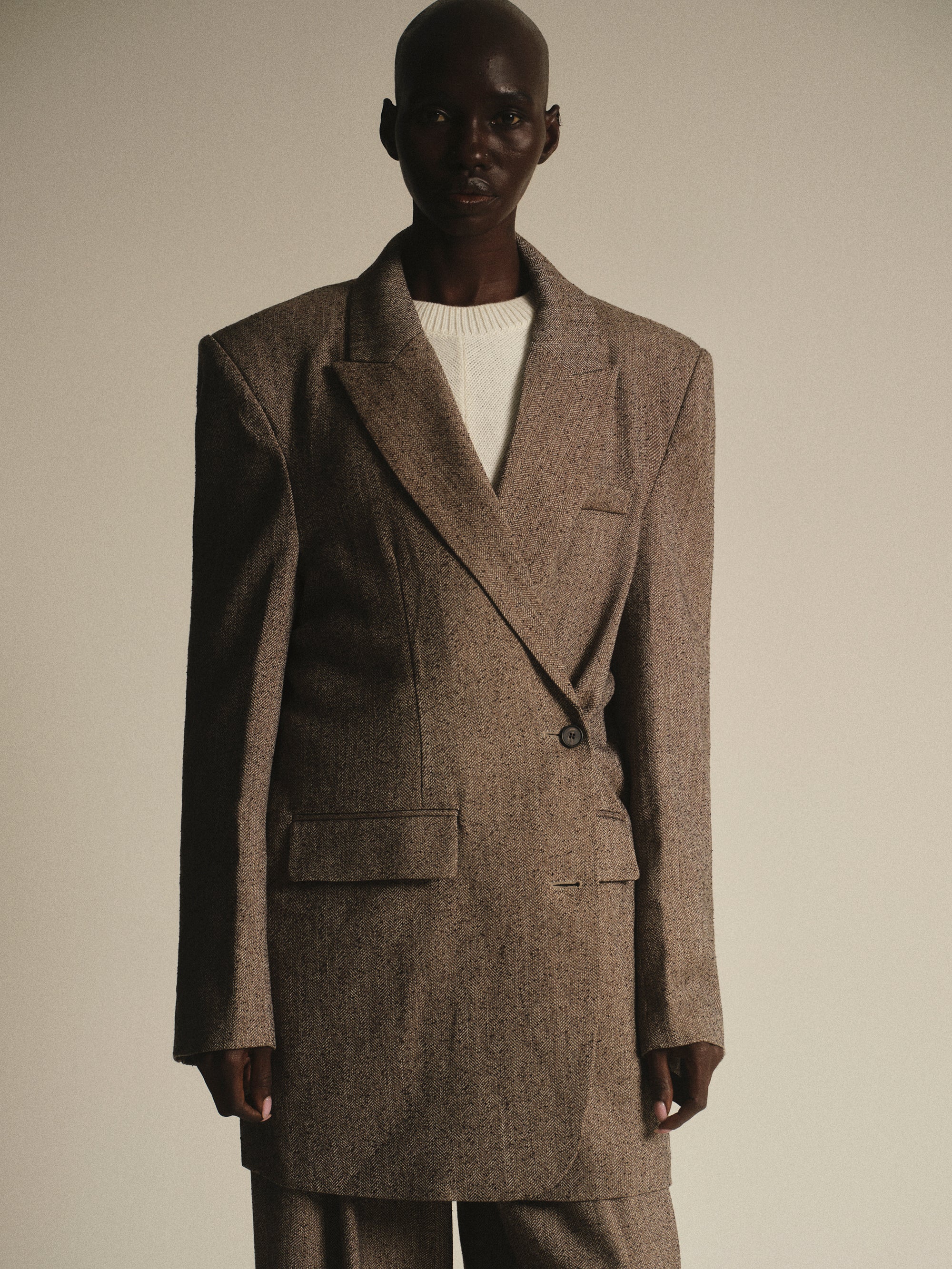 Oversized Overlap Blazer, Beige Melange - Image 2