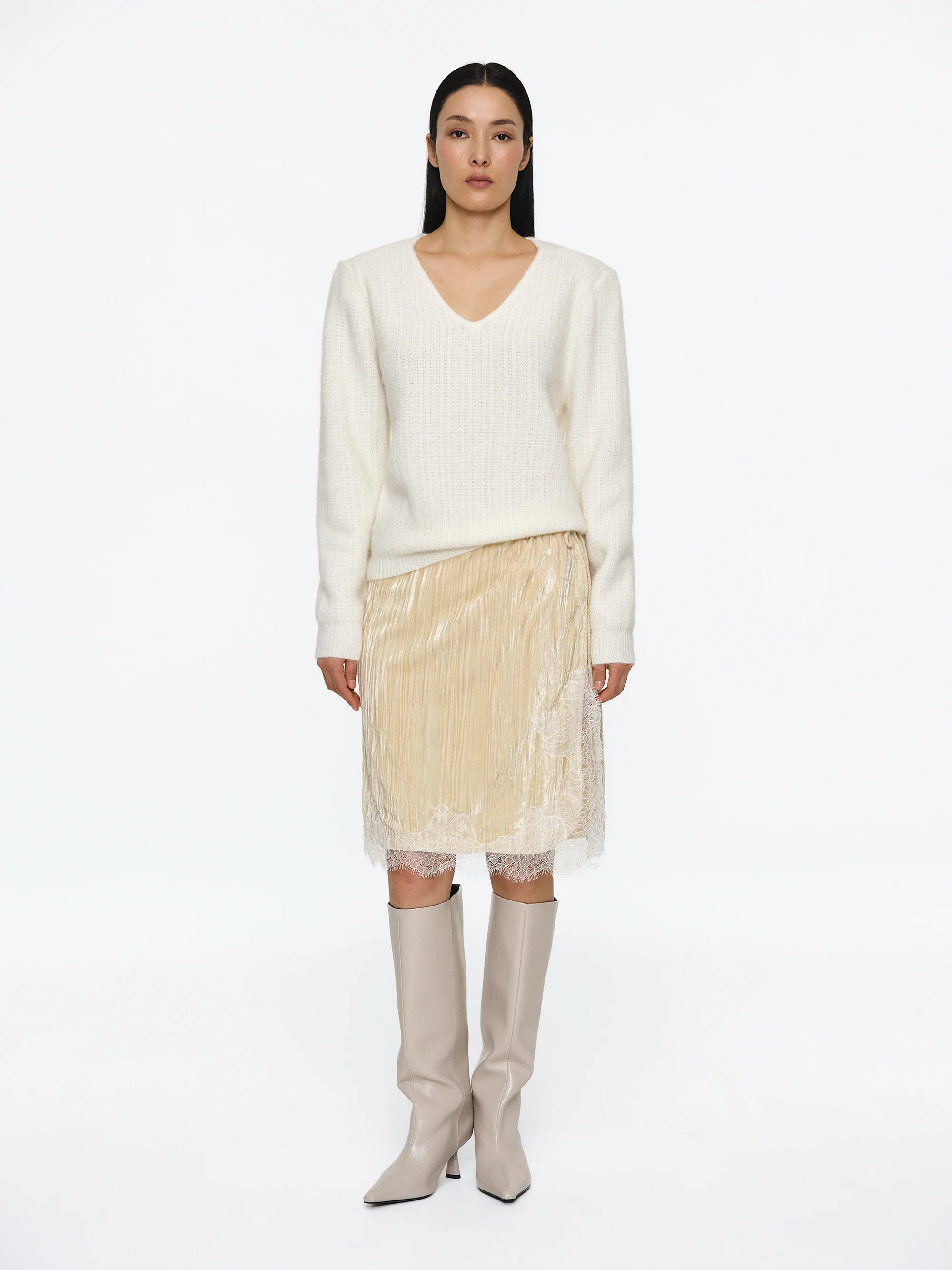 Padded Mohair V-Neck Knit, Ivory