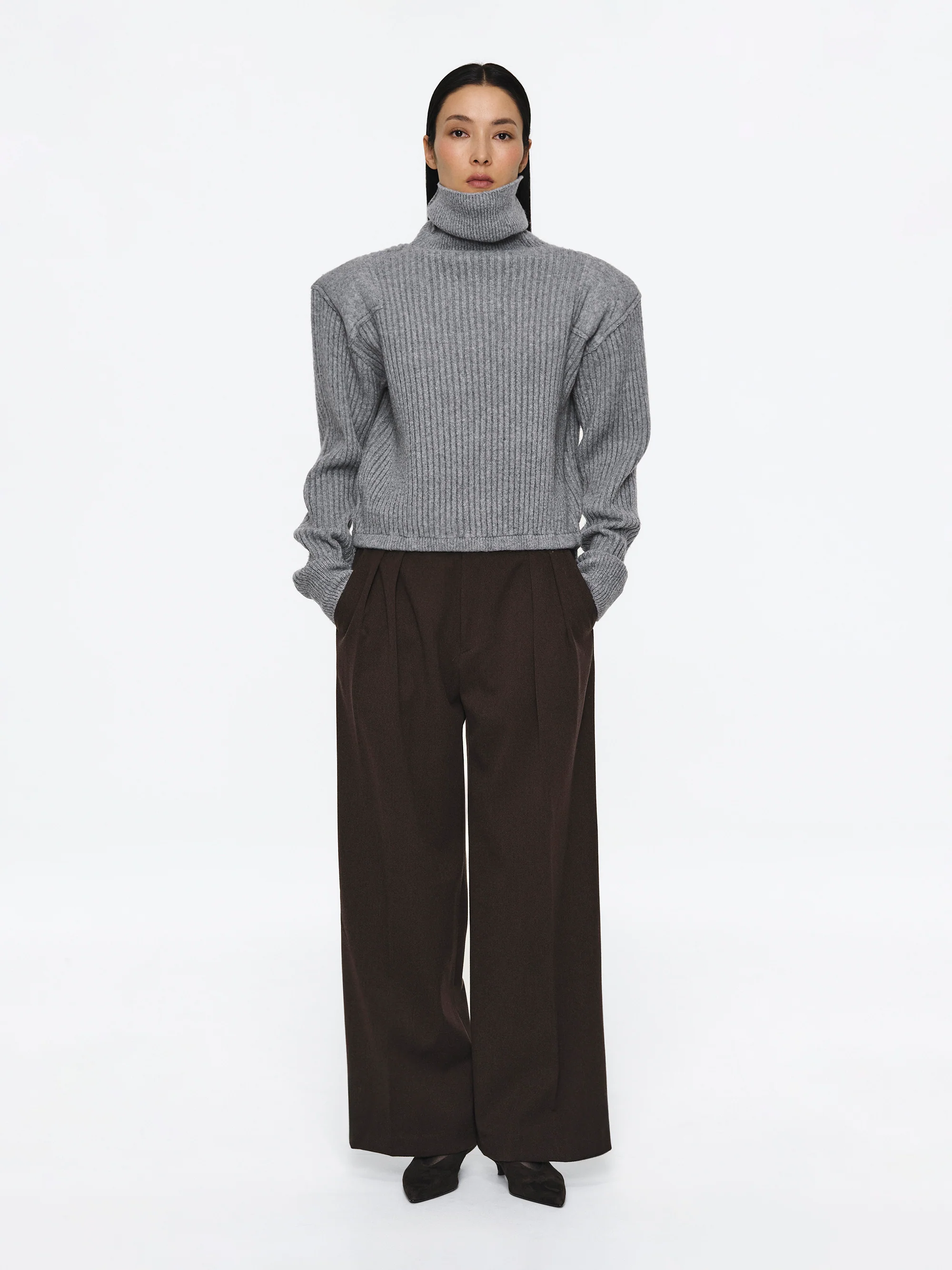 Padded Rib-Knit Sweater, Grey