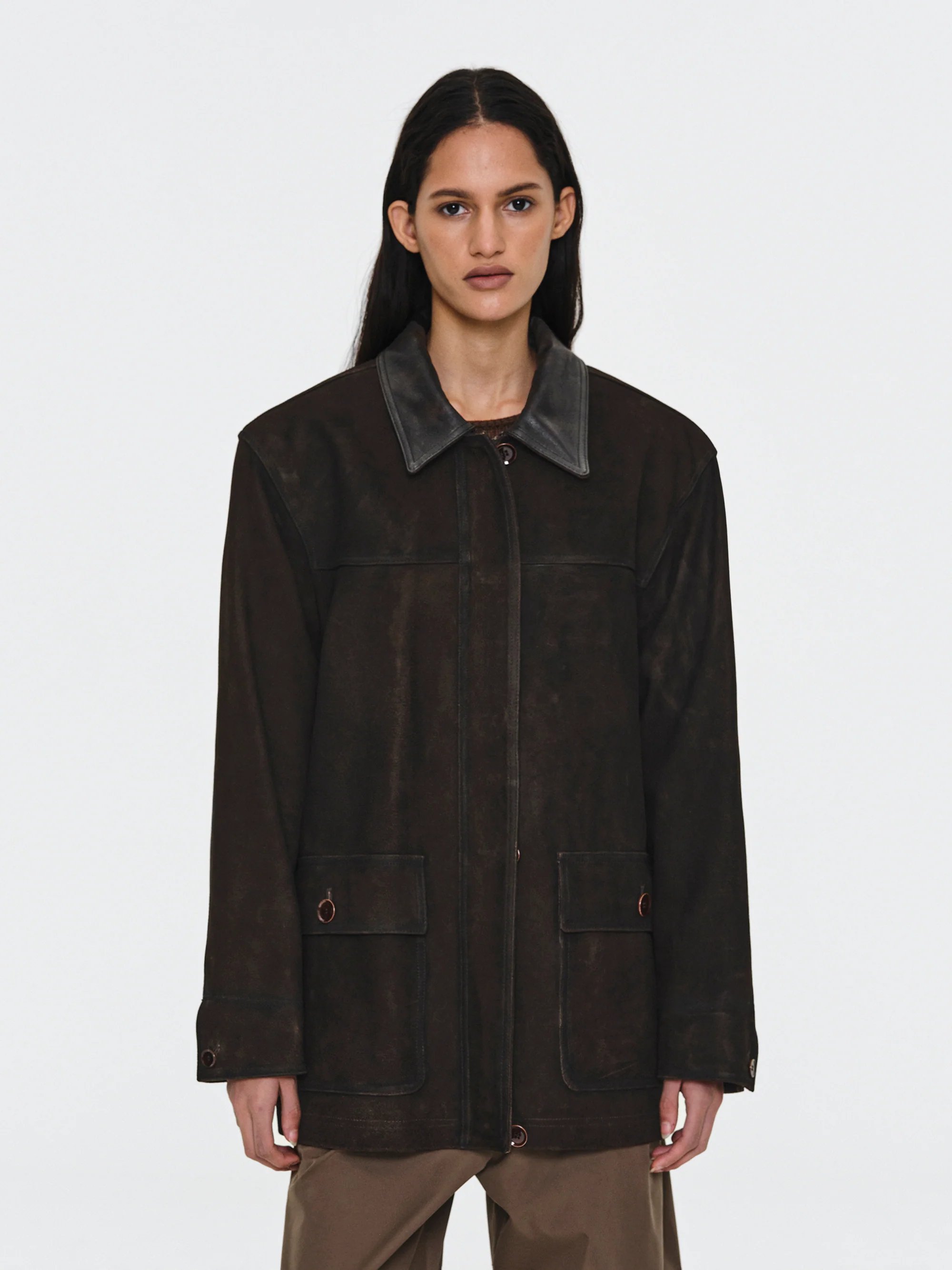 Paneled Barn Suede Jacket, Brown