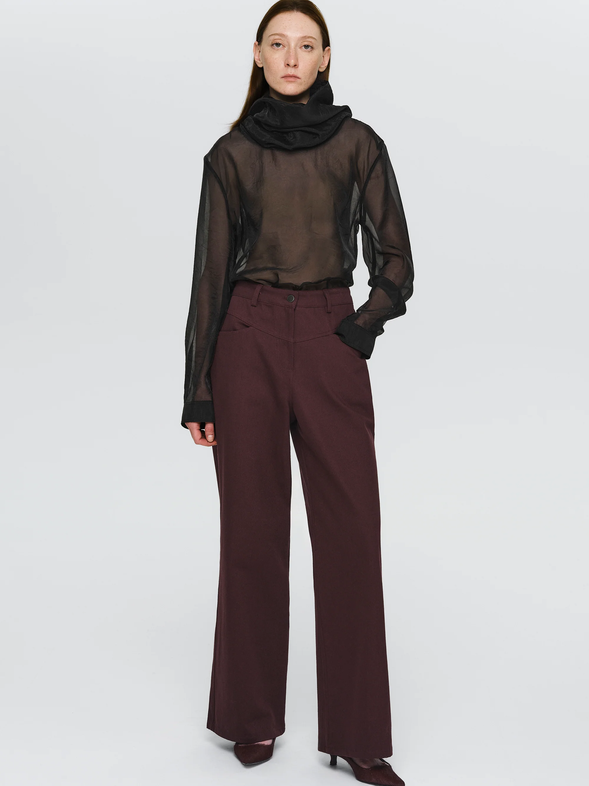 Paneled Cotton Pants, Burgundy - Image 3