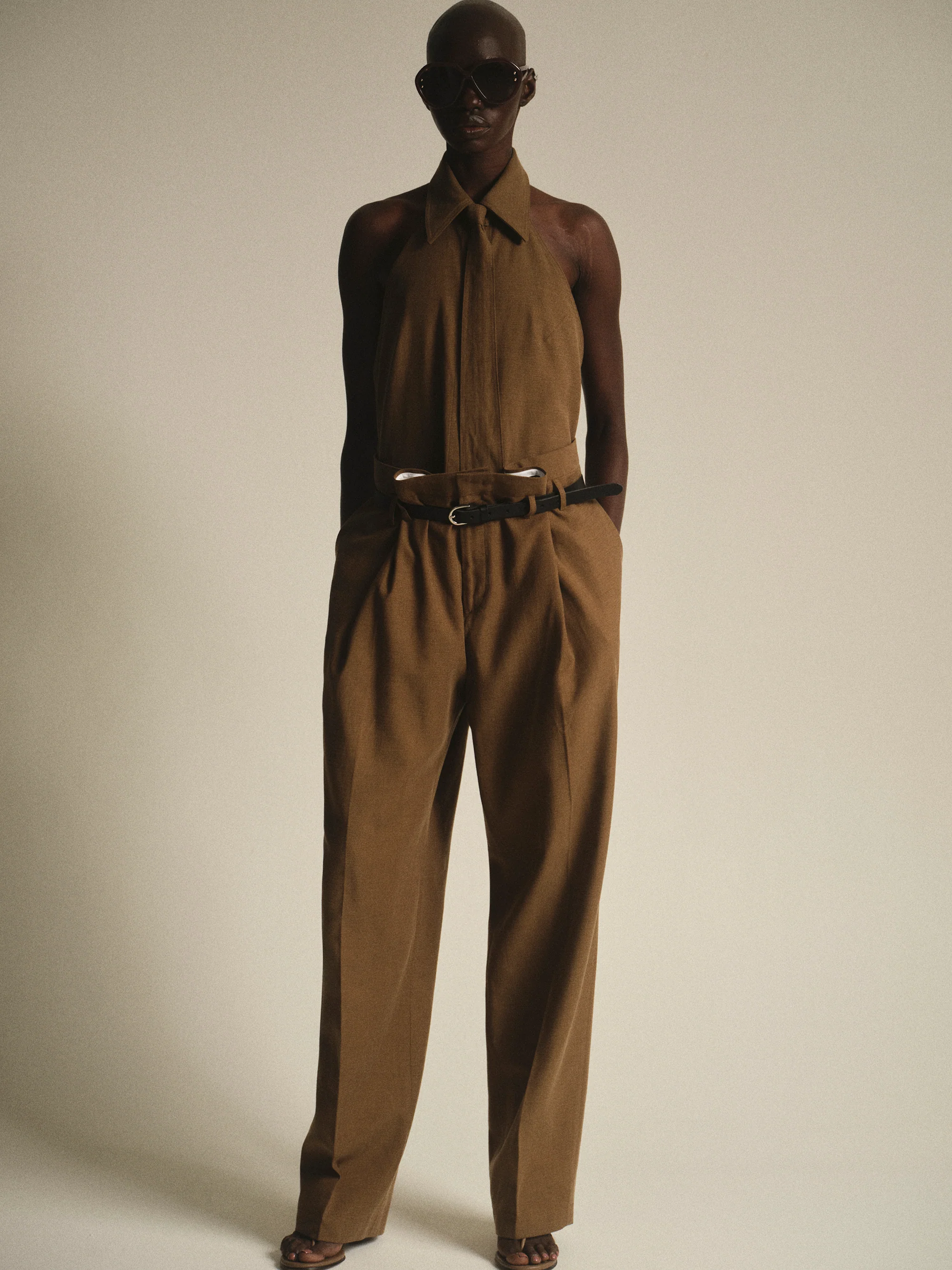 Paperbag Tailored Trousers, Brown - Image 3
