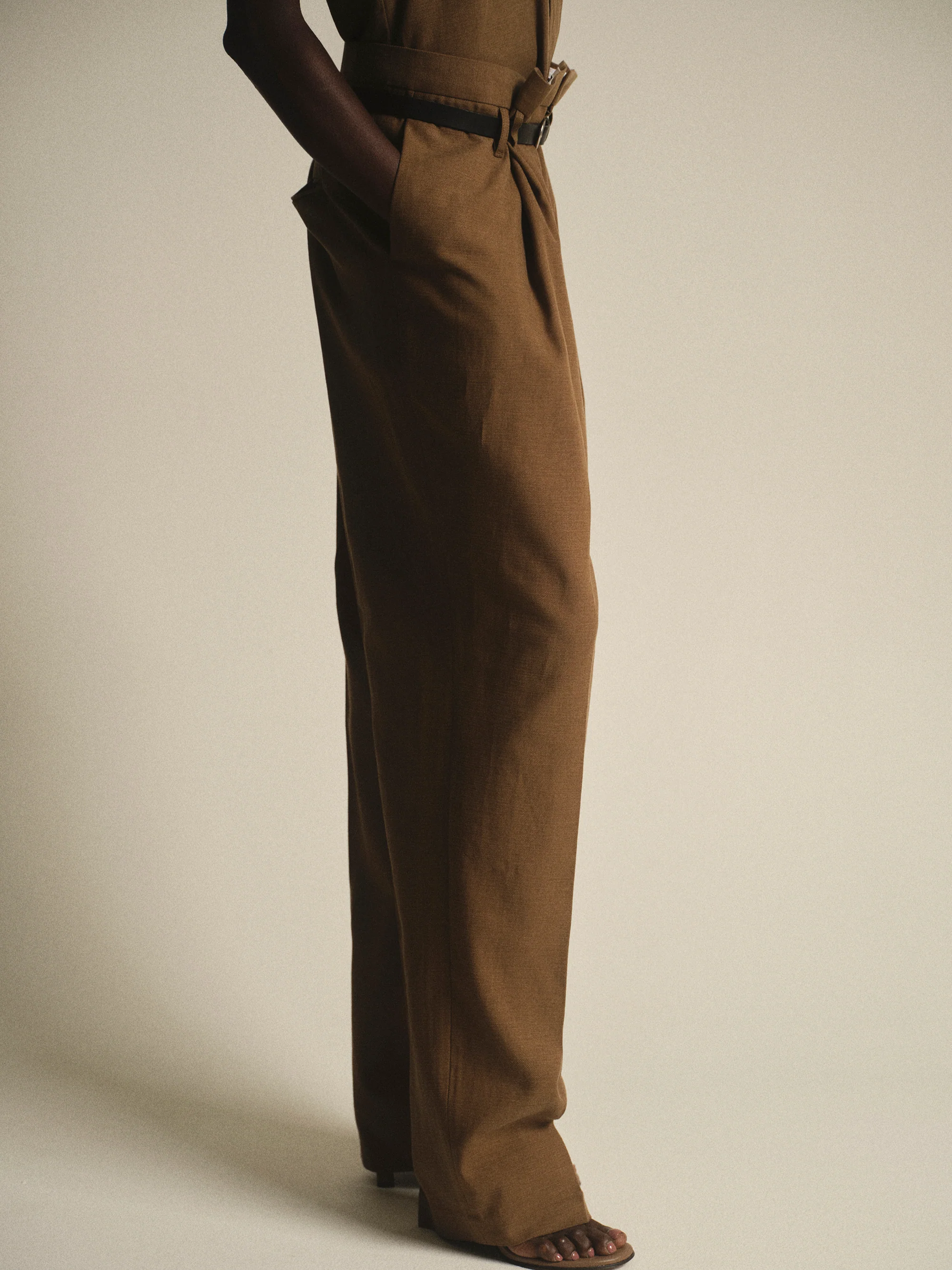 Paperbag Tailored Trousers, Brown - Image 4