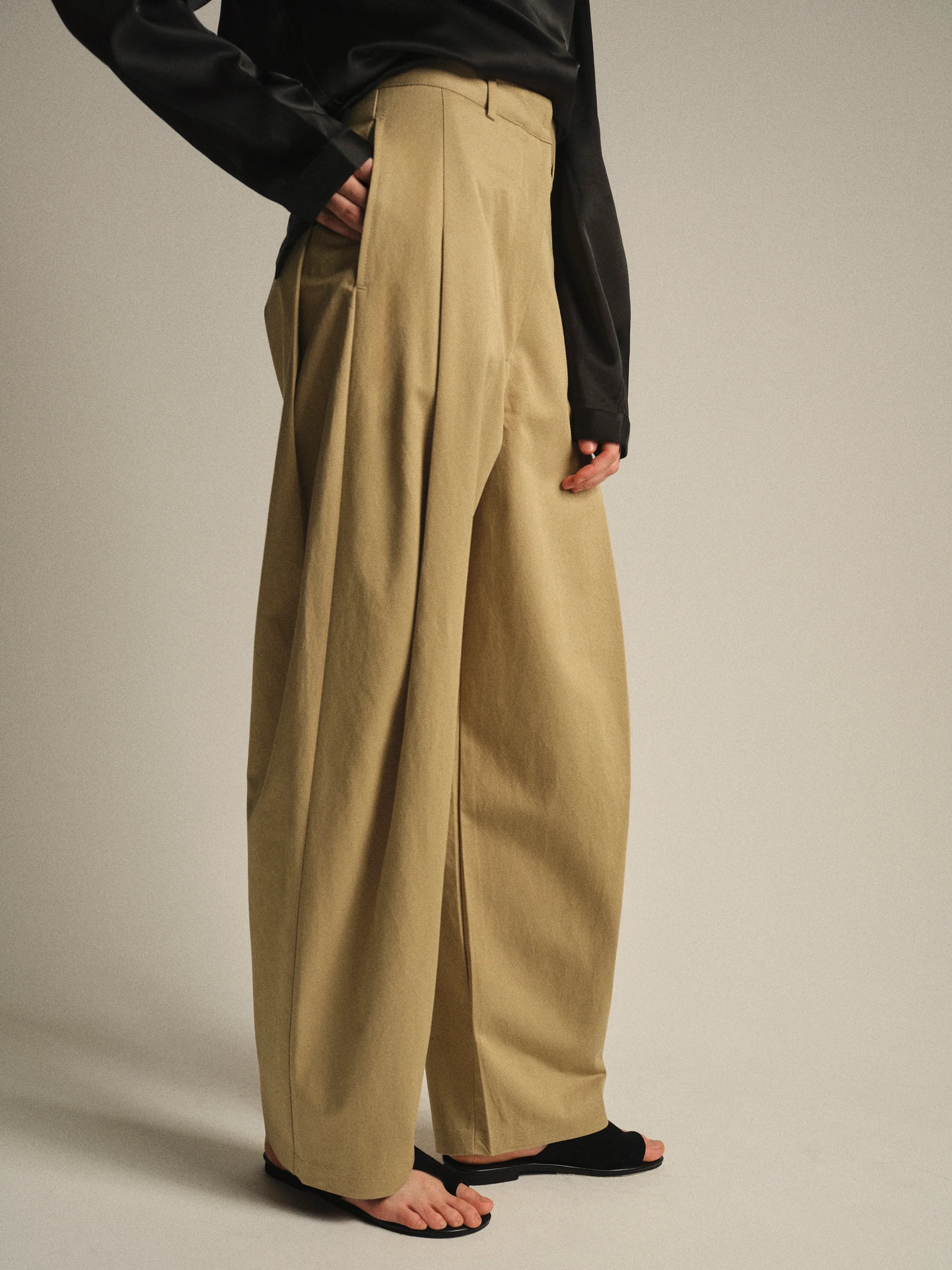 Pintuck Wide-Leg Trousers, Beige - Image 2