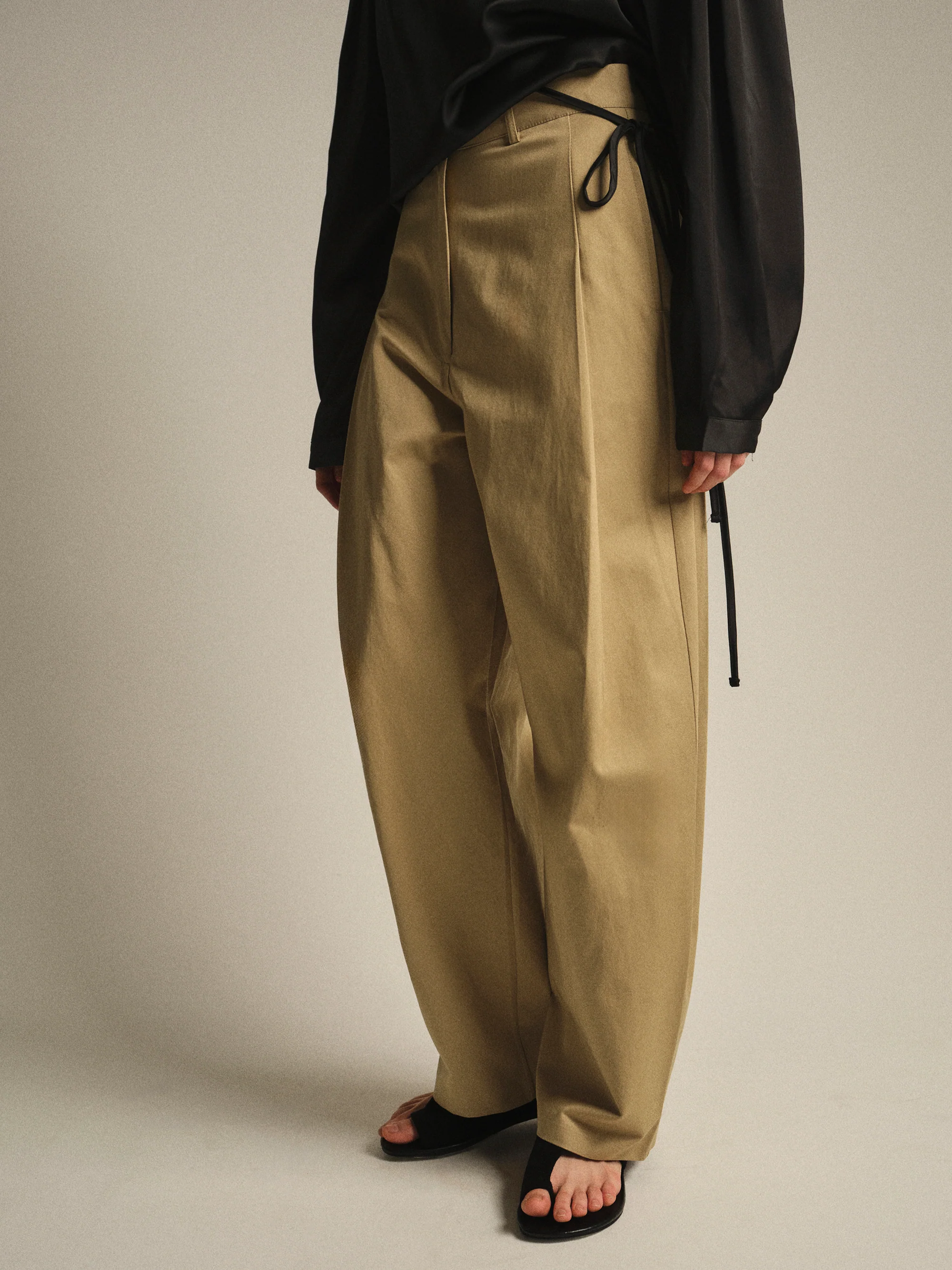Pintuck Wide-Leg Trousers, Beige - Image 3