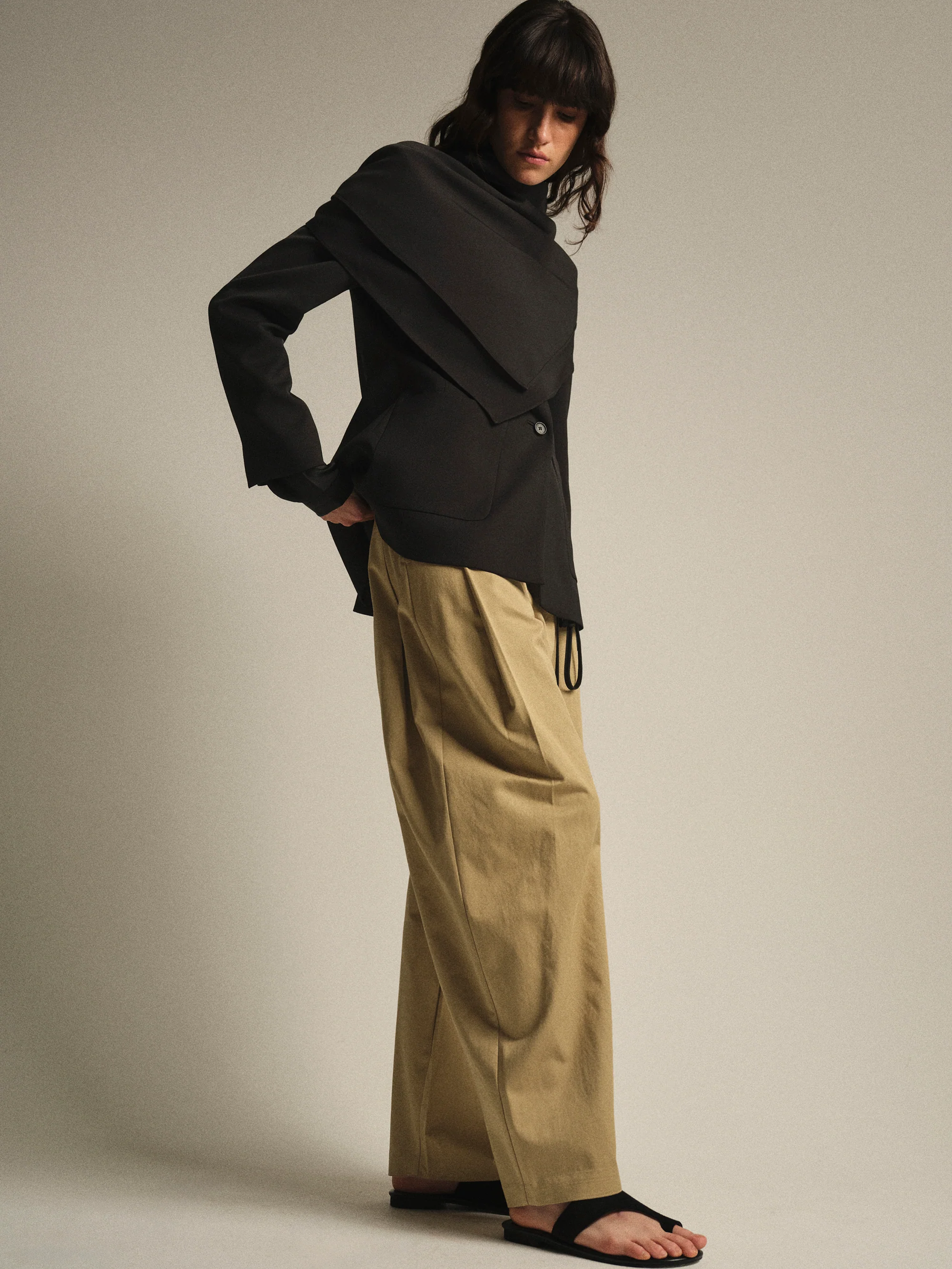 Pintuck Wide-Leg Trousers, Beige - Image 4
