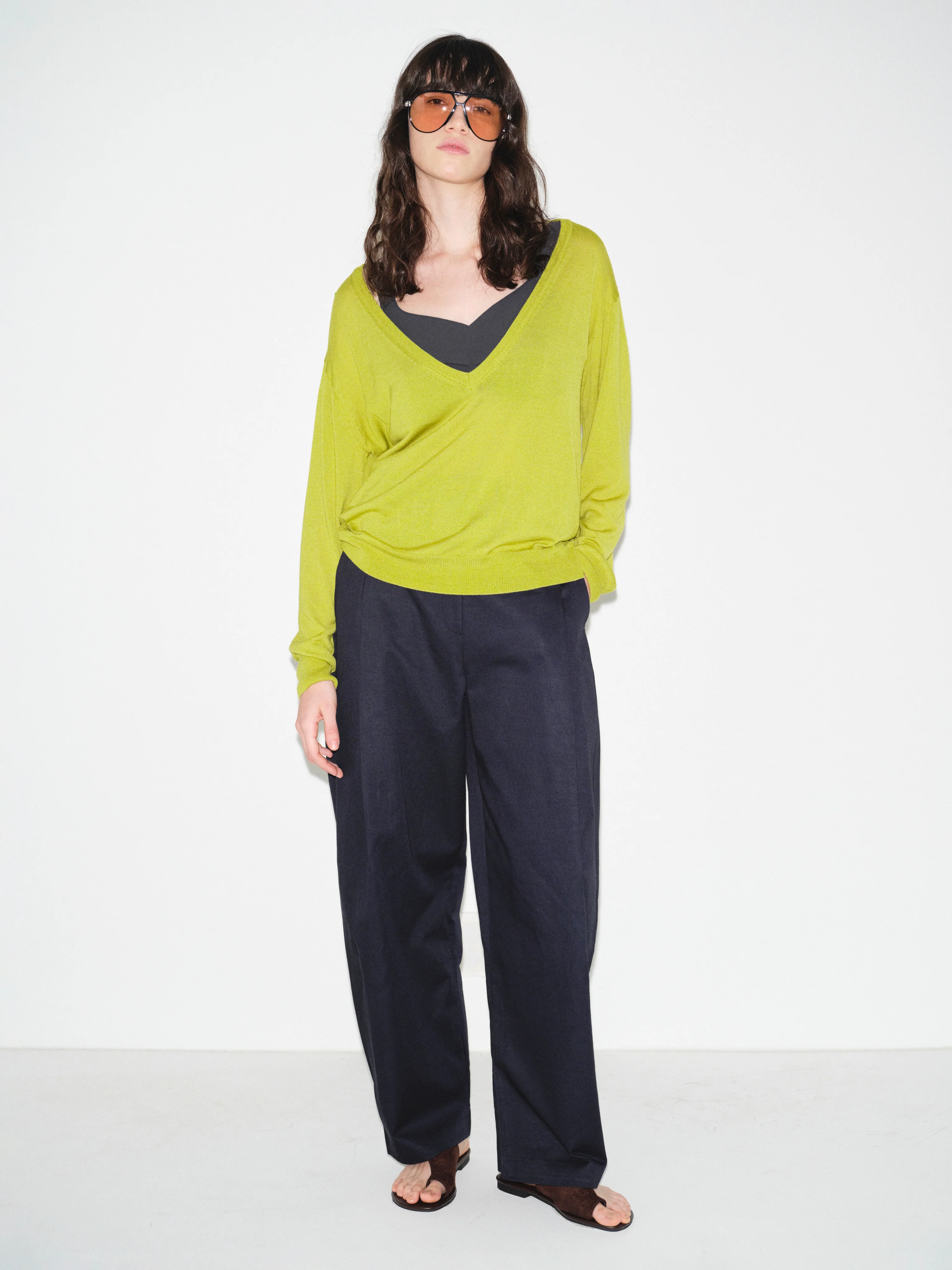 Pintuck Wide-Leg Trousers, Navy - Image 2