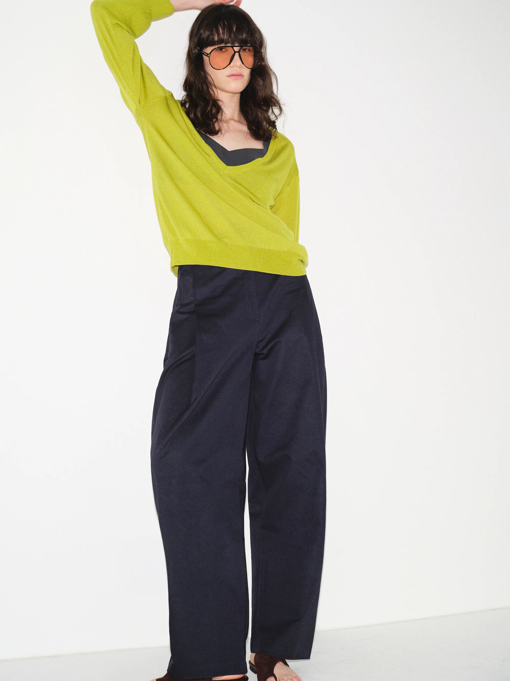 Pintuck Wide-Leg Trousers, Navy - Image 4