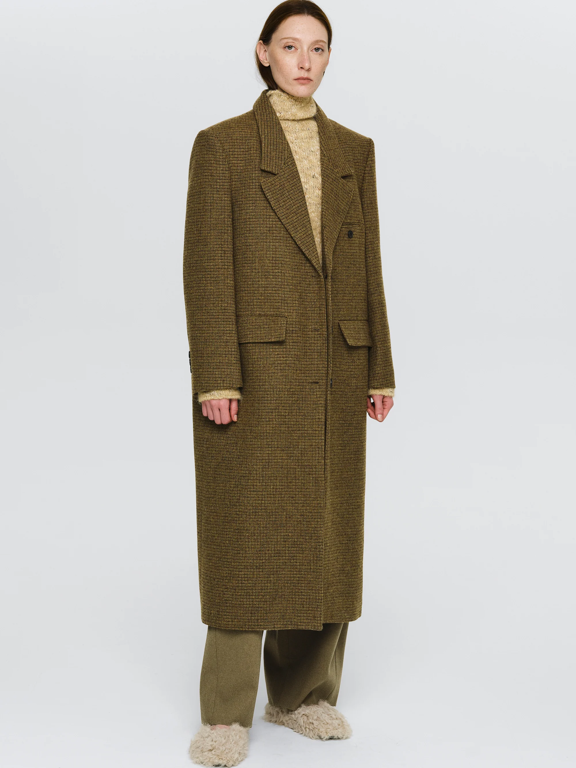 Plaid Wool Maxi Coat, Brown