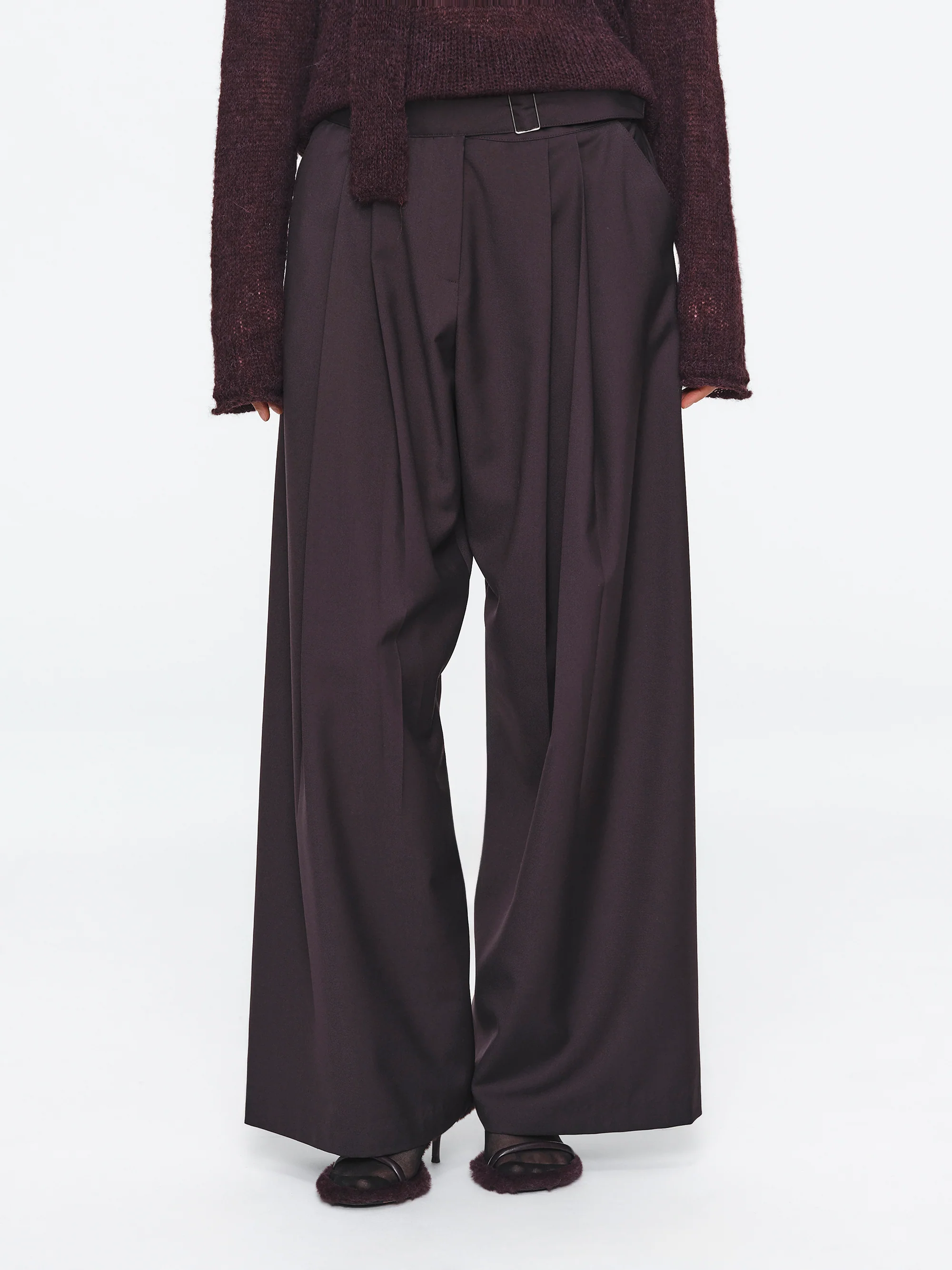 Pleated Belted Trousers, Wine