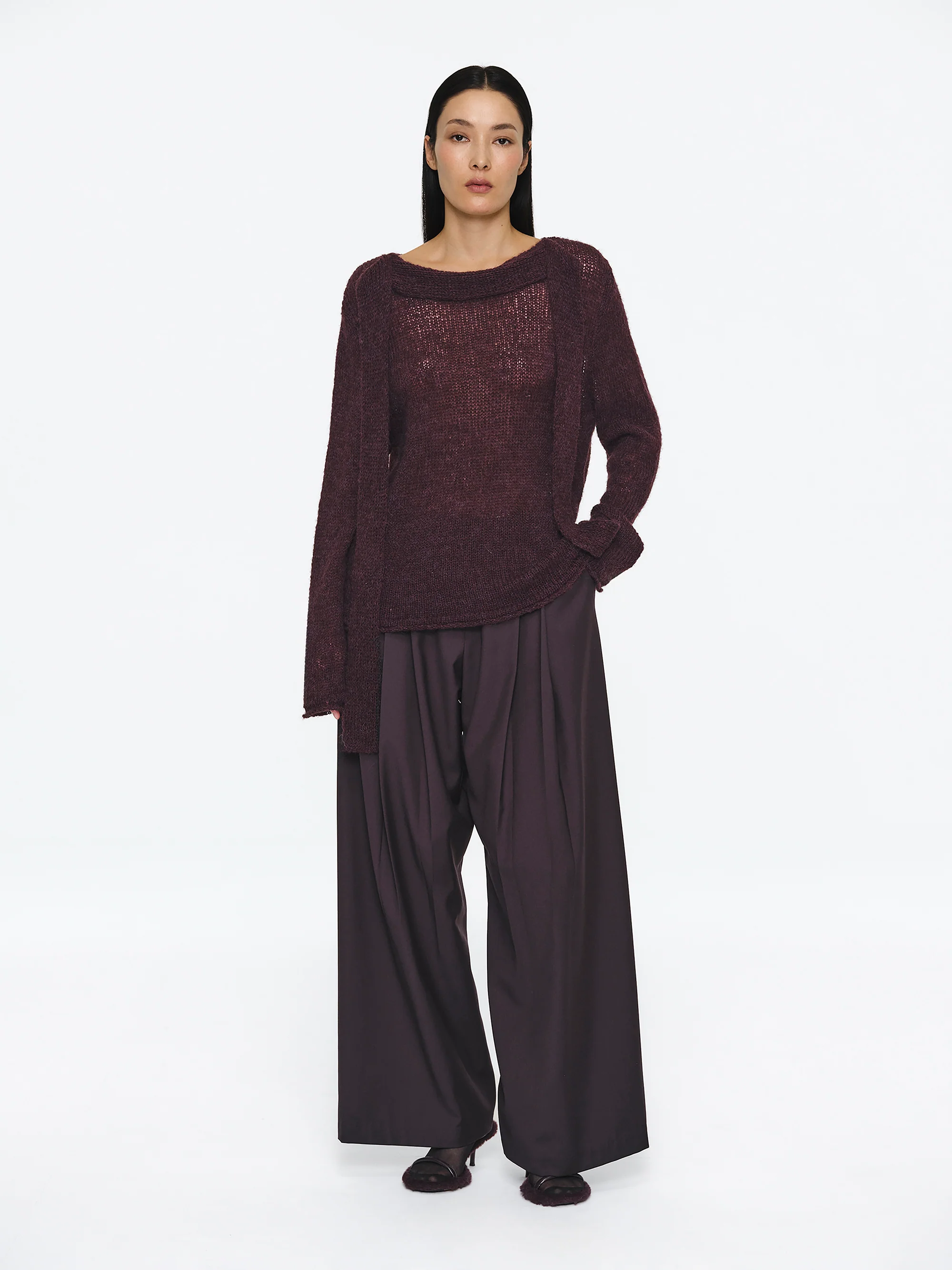 Pleated Belted Trousers, Wine - Image 3