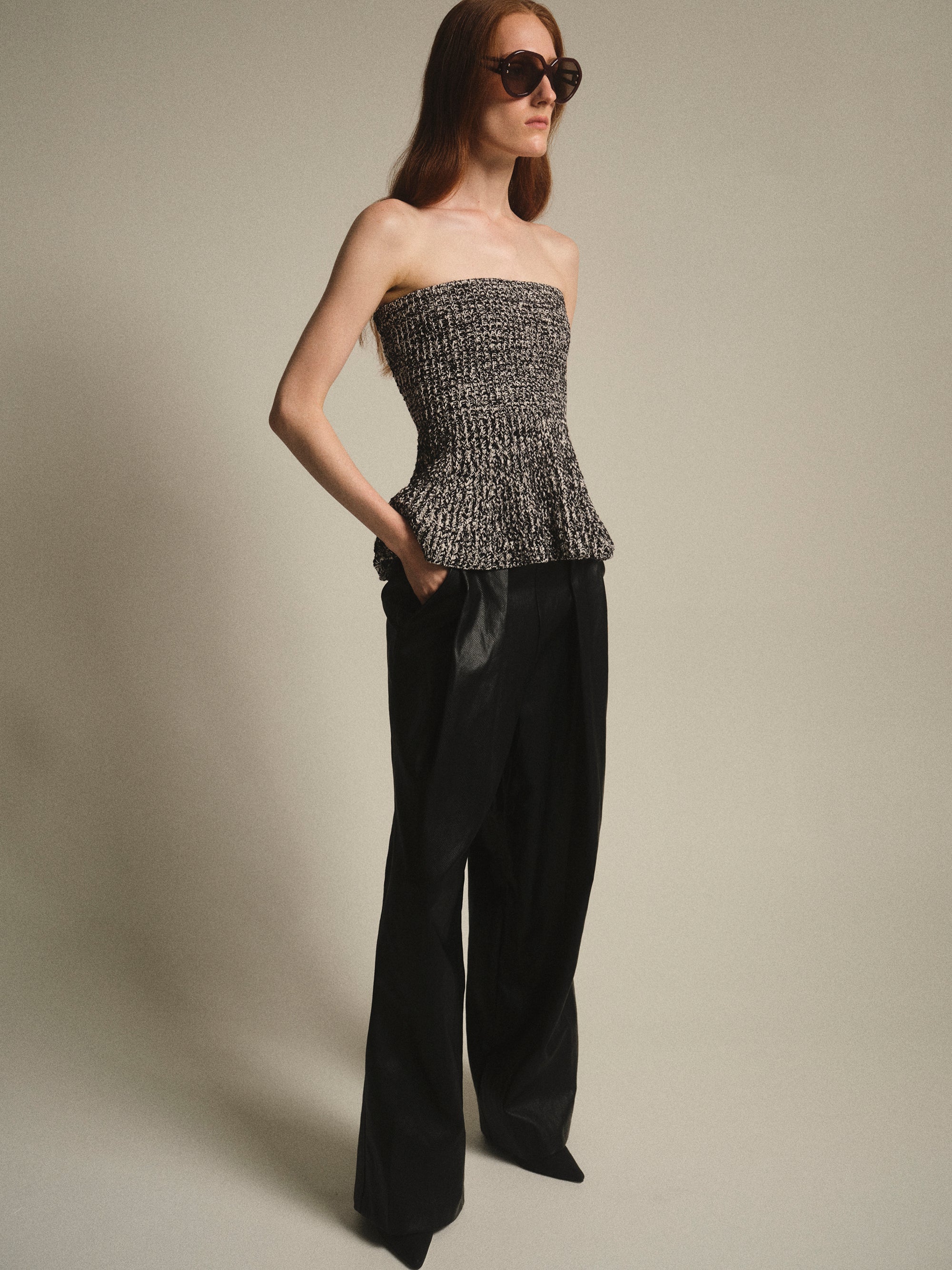 Pleated Croc-Effect Leather Pants, Black