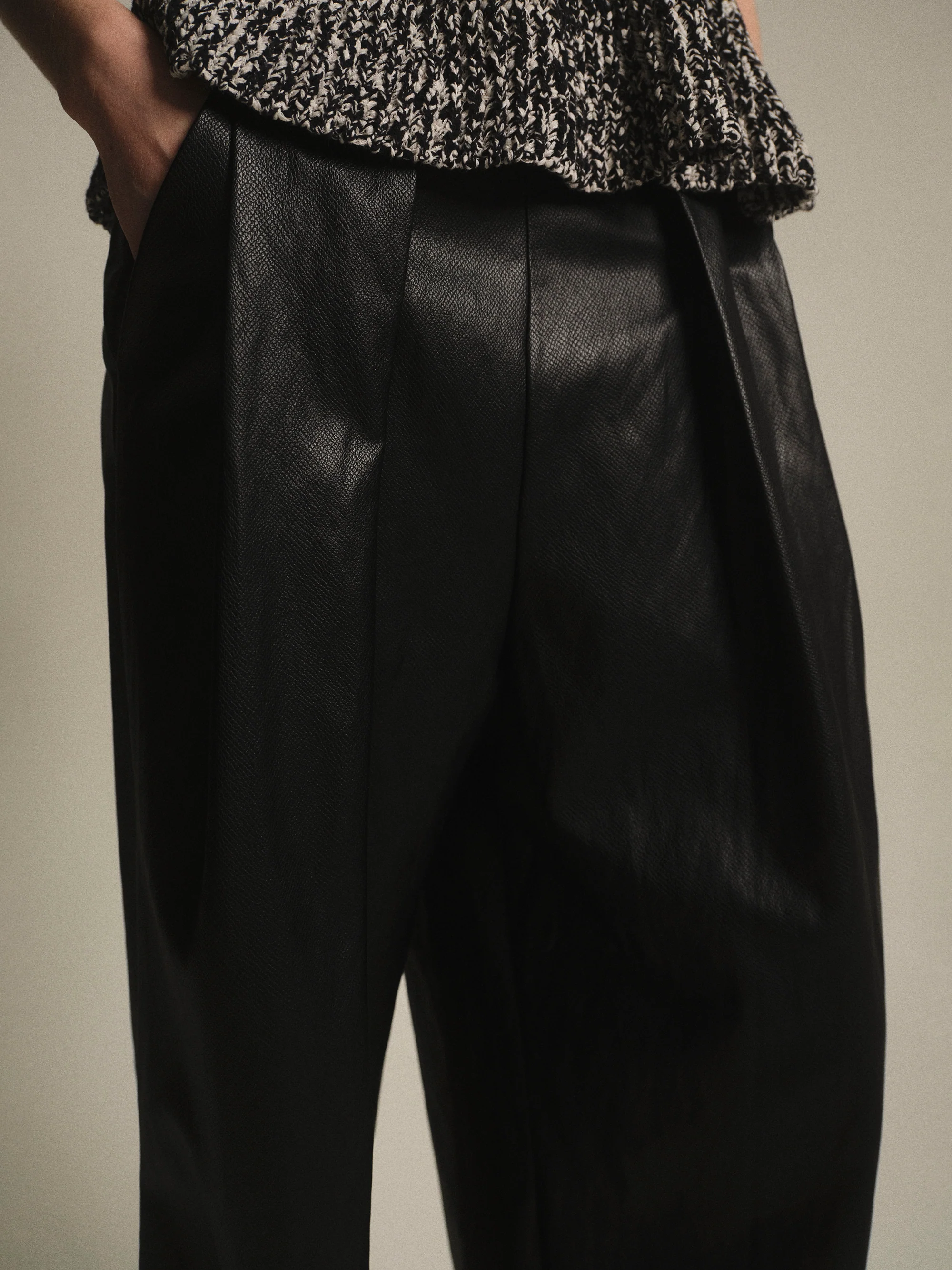 Pleated Croc-Effect Leather Pants, Black - Image 2