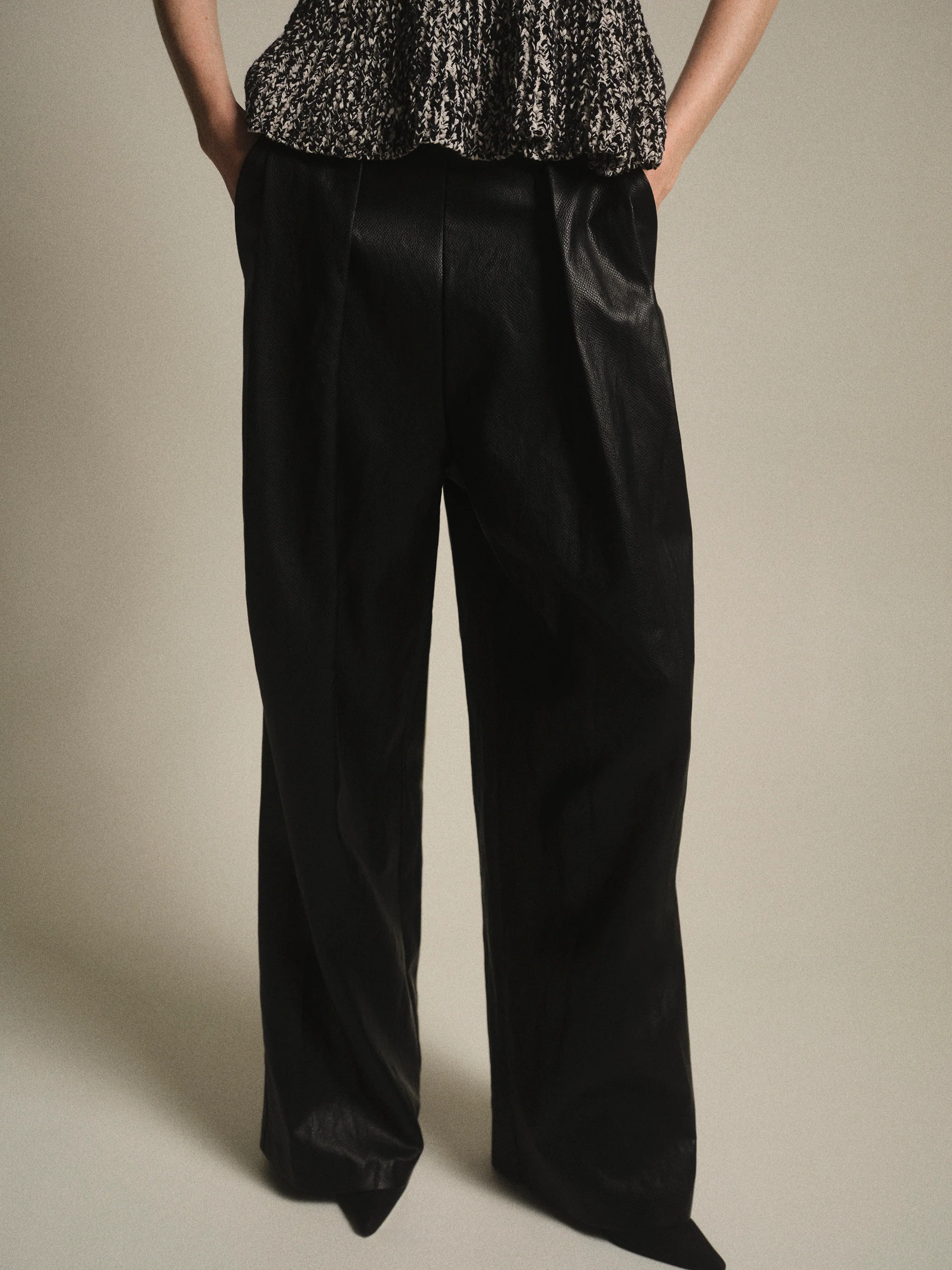 Pleated Croc-Effect Leather Pants, Black - Image 3