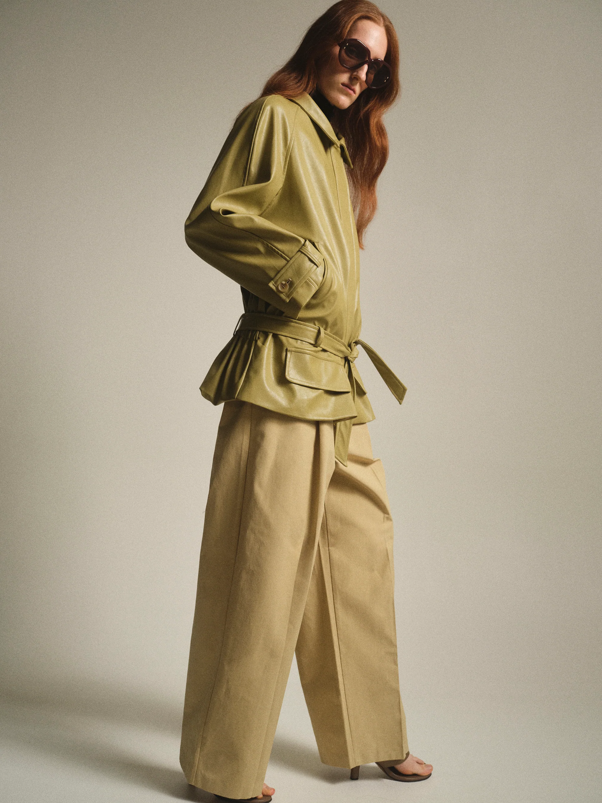 Pleated Faux-Leather Jacket, Olive - Image 2
