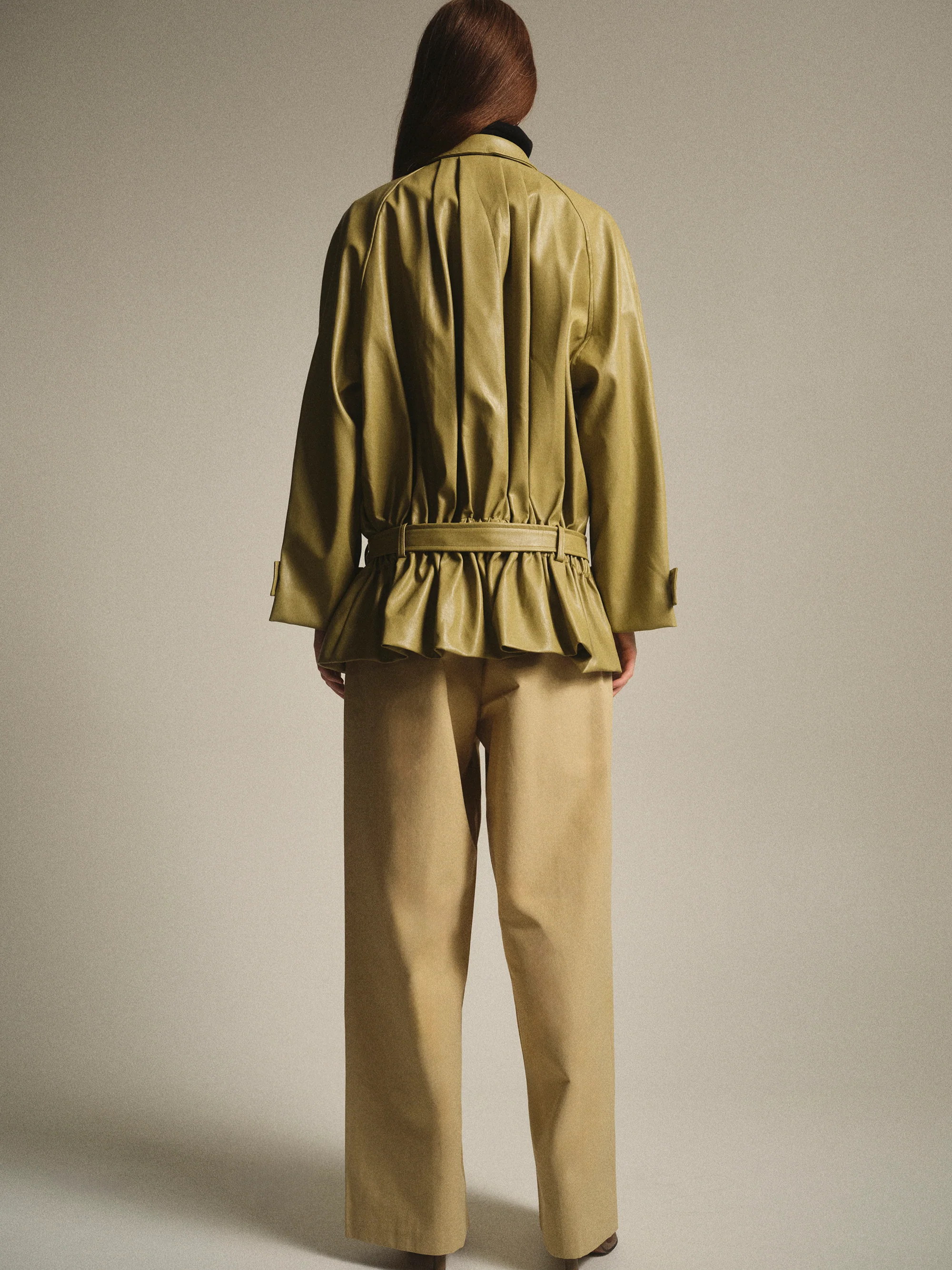Pleated Faux-Leather Jacket, Olive - Image 3