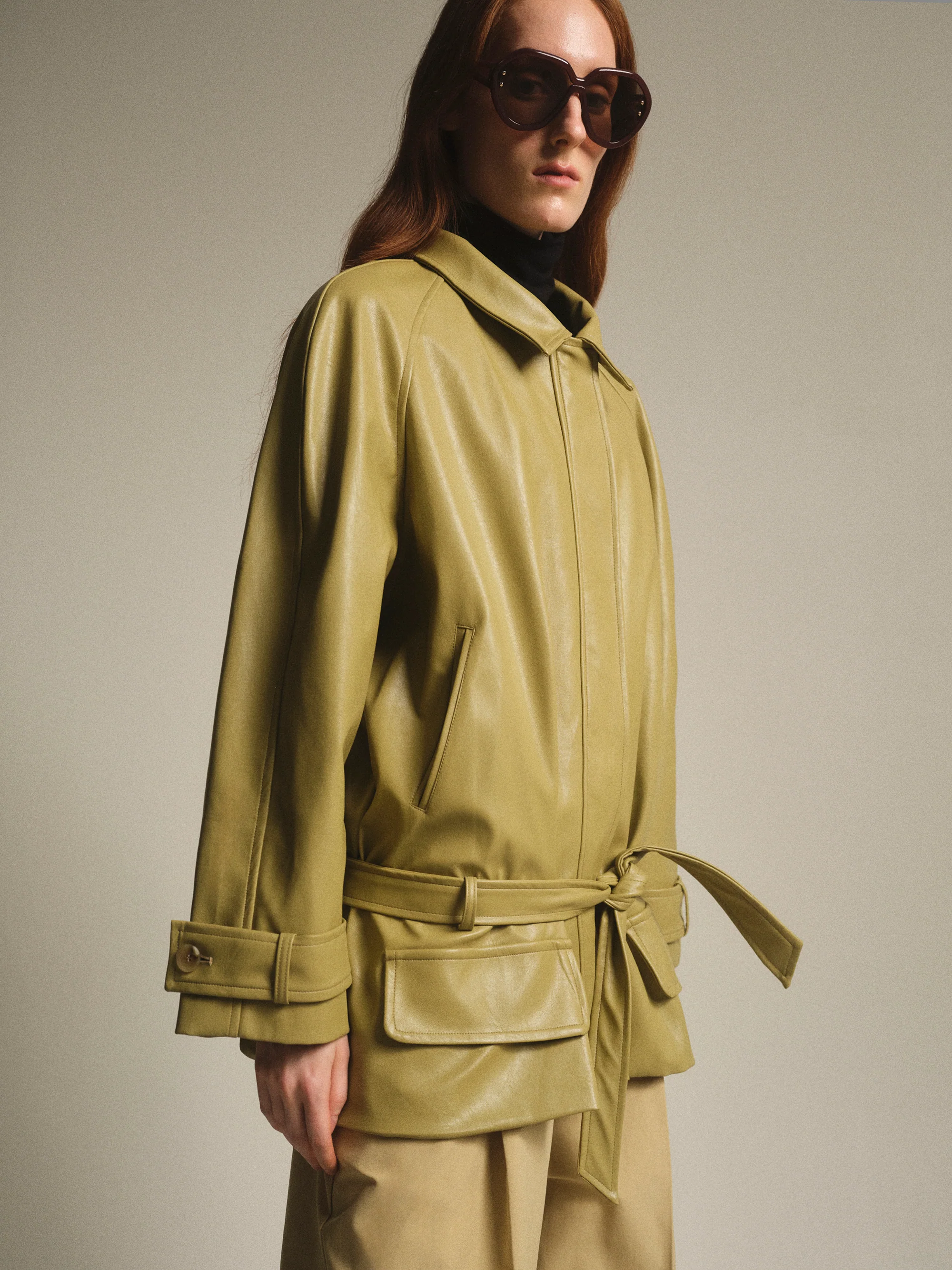 Pleated Faux-Leather Jacket, Olive - Image 4