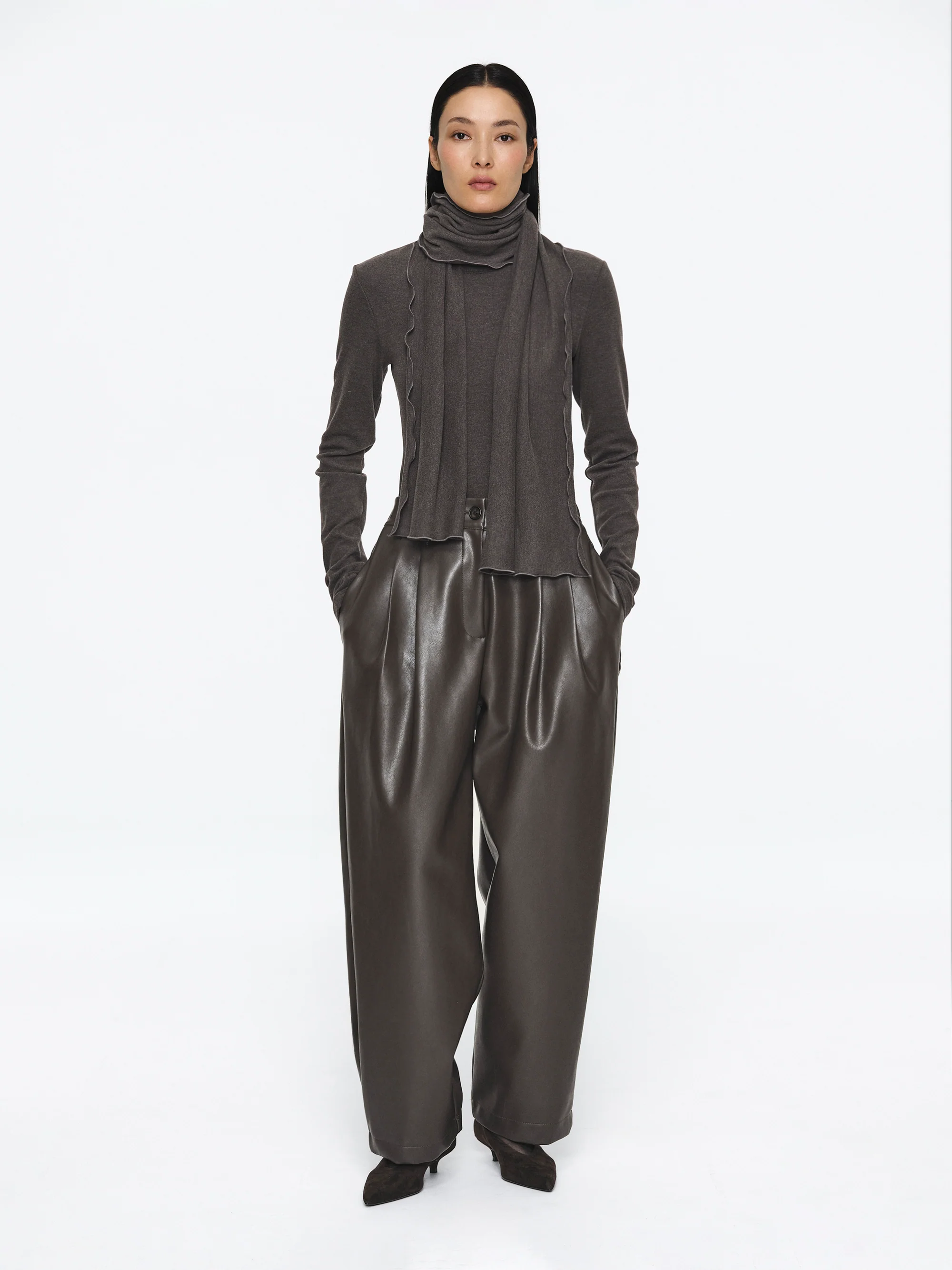 Pleated Faux-Leather Trousers, Brown
