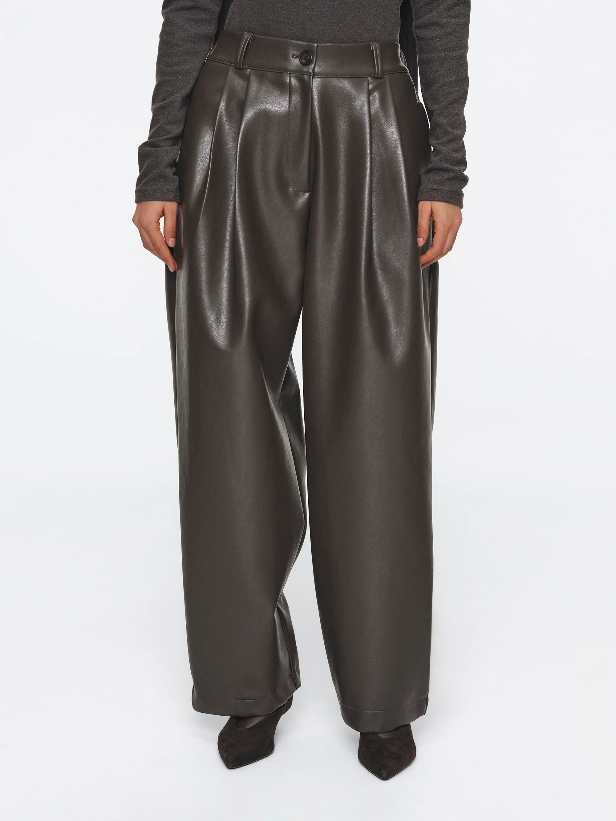 Pleated Faux-Leather Trousers, Brown - Image 2