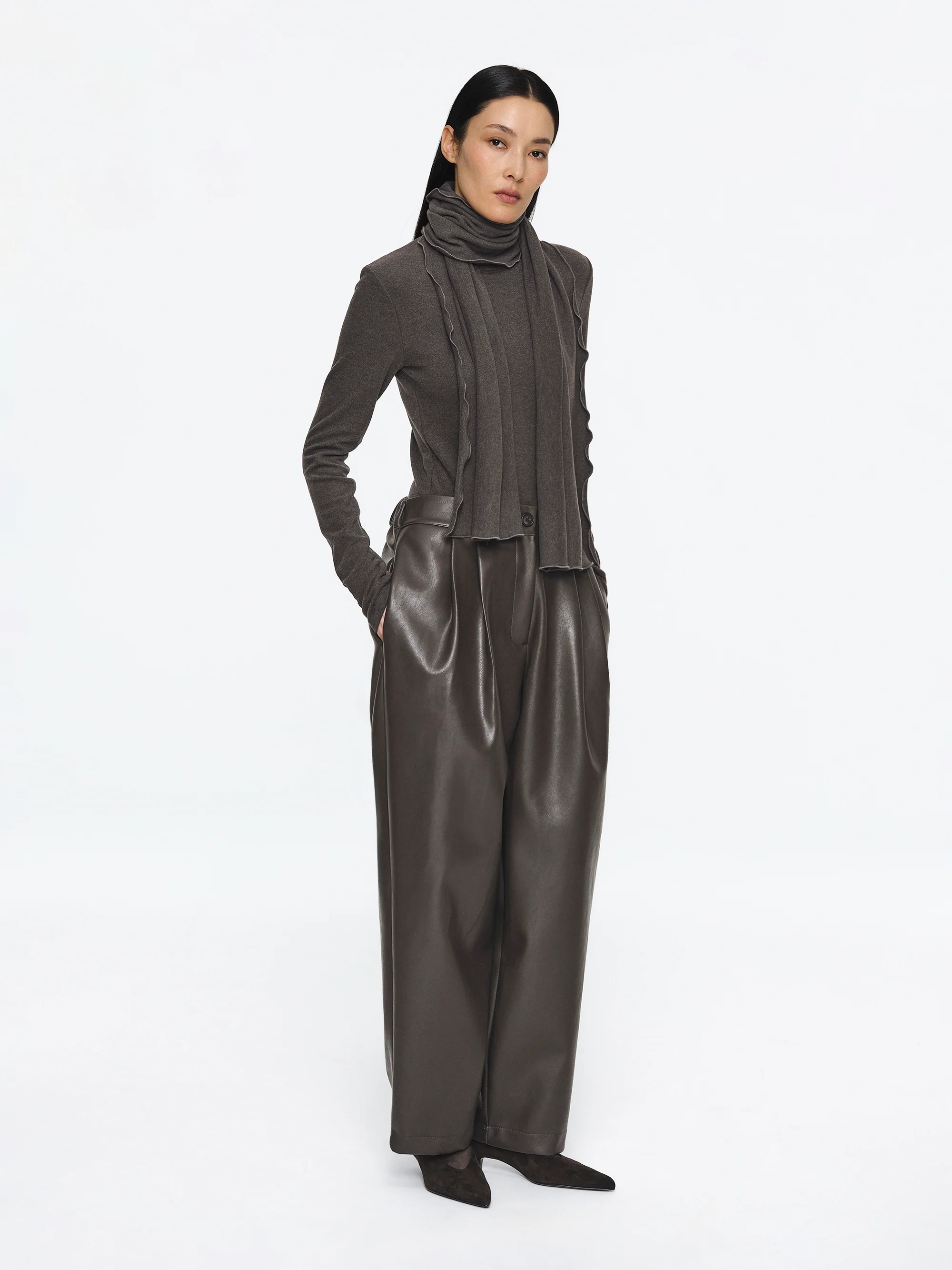 Pleated Faux-Leather Trousers, Brown - Image 3