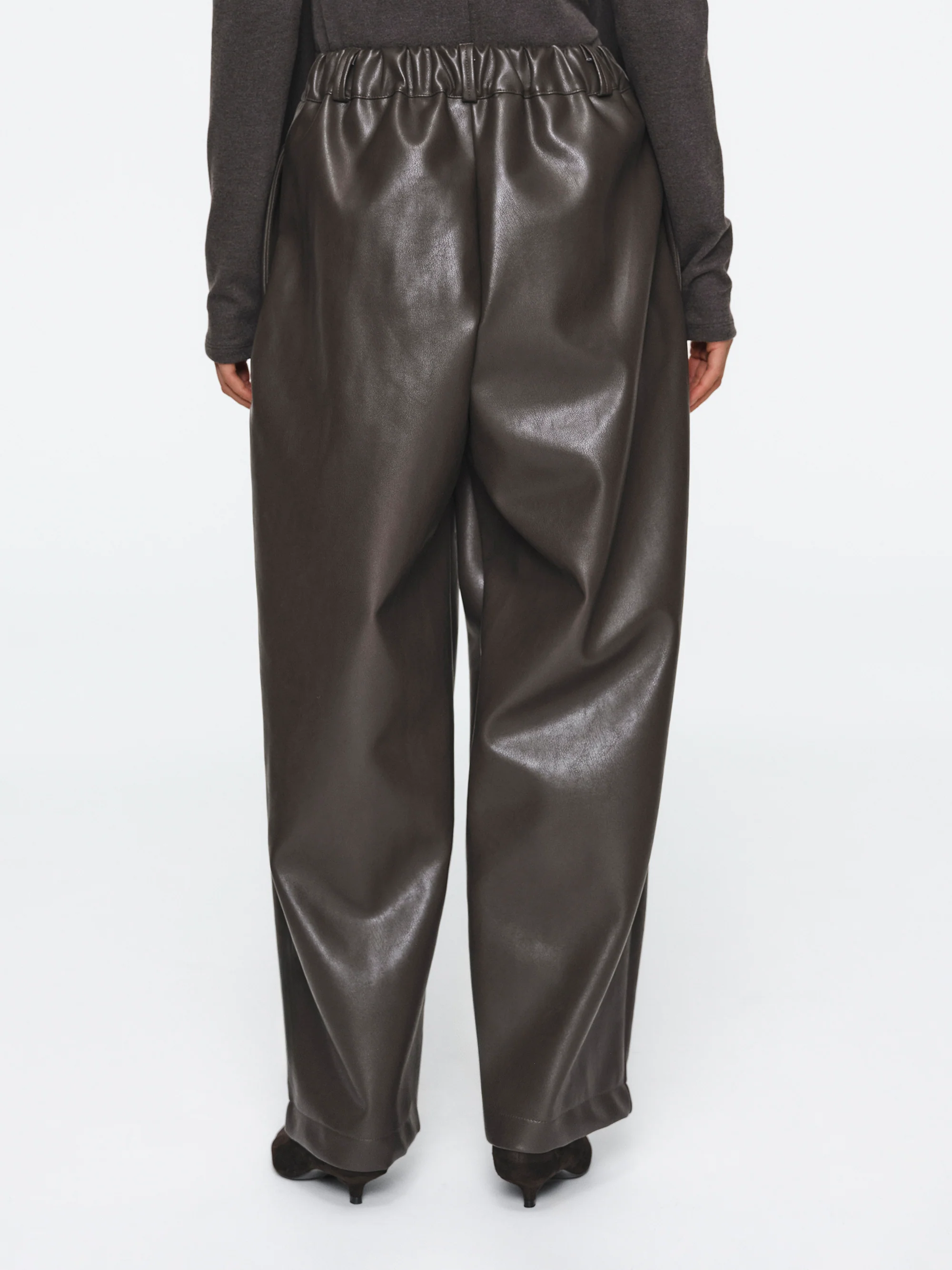 Pleated Faux-Leather Trousers, Brown - Image 4