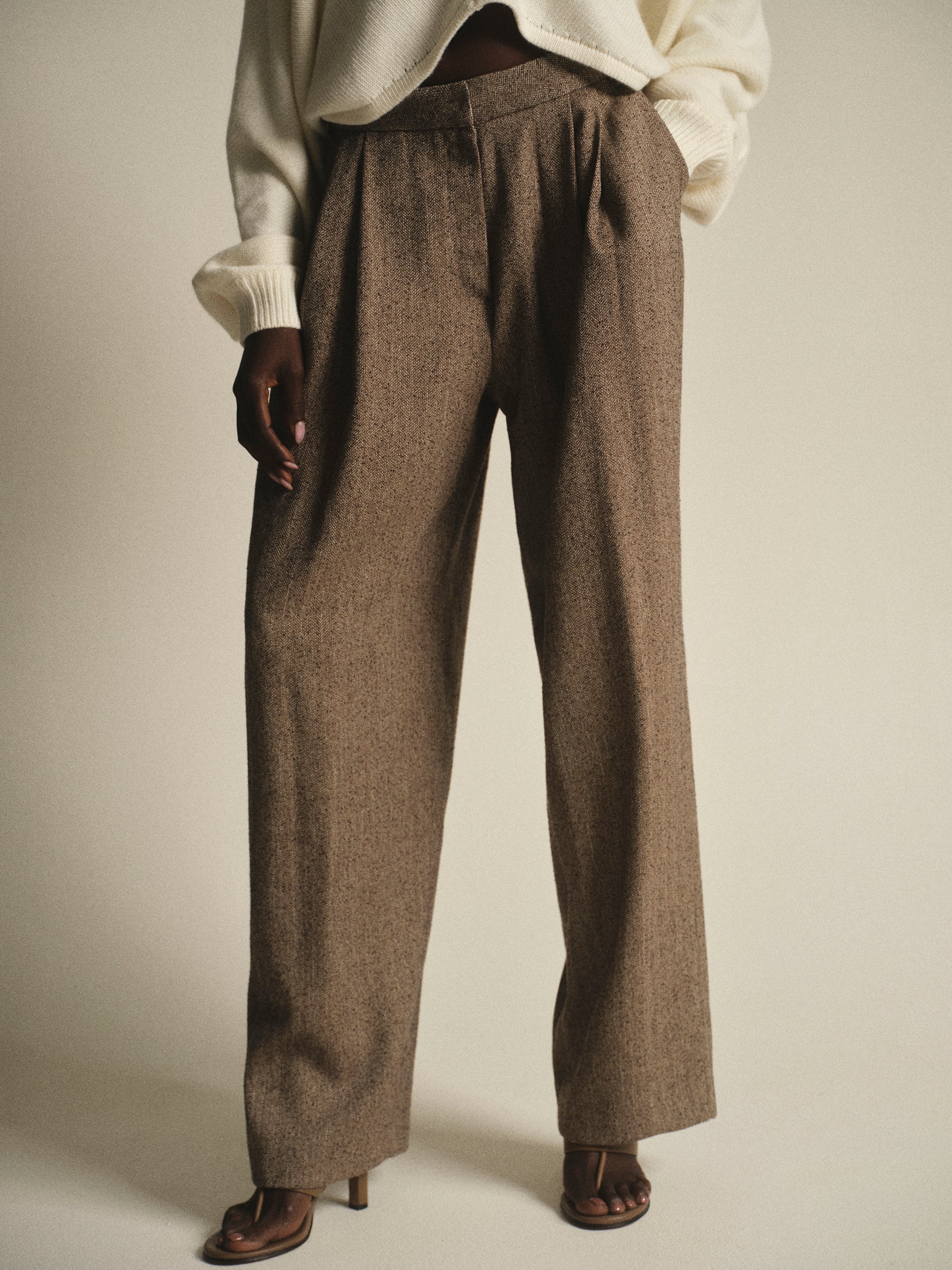 Pleated Trousers, Beige Melange