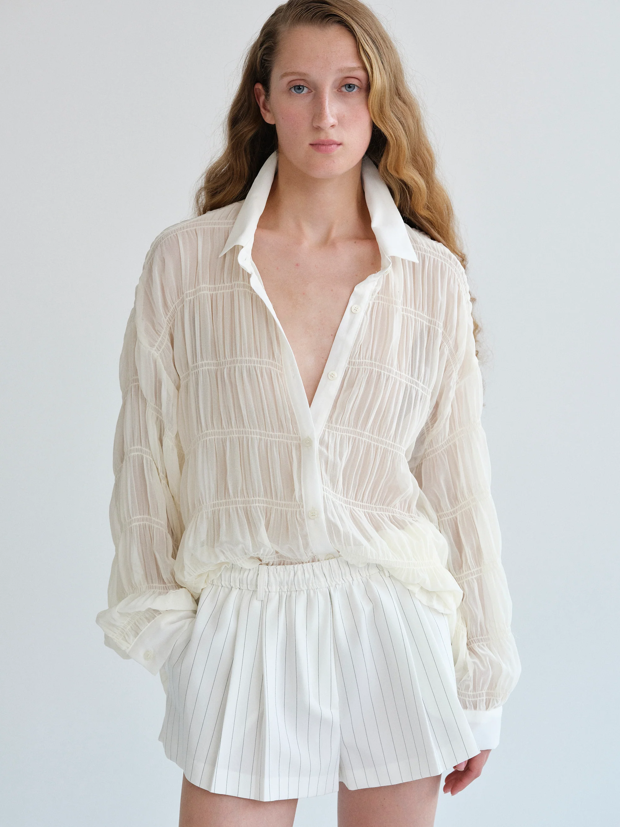 Plisse Sheer Shirt, Ivory