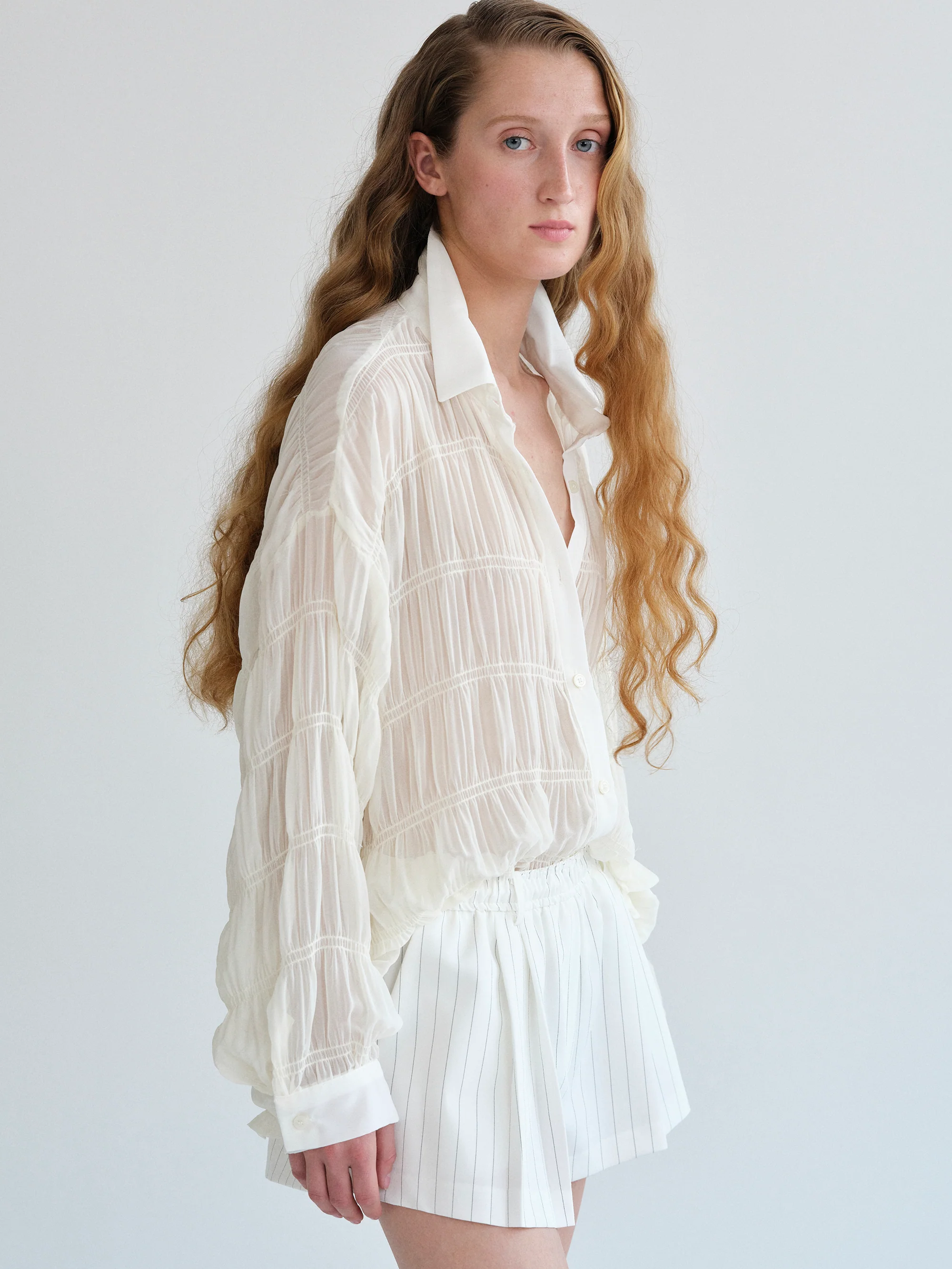 Plisse Sheer Shirt, Ivory - Image 4