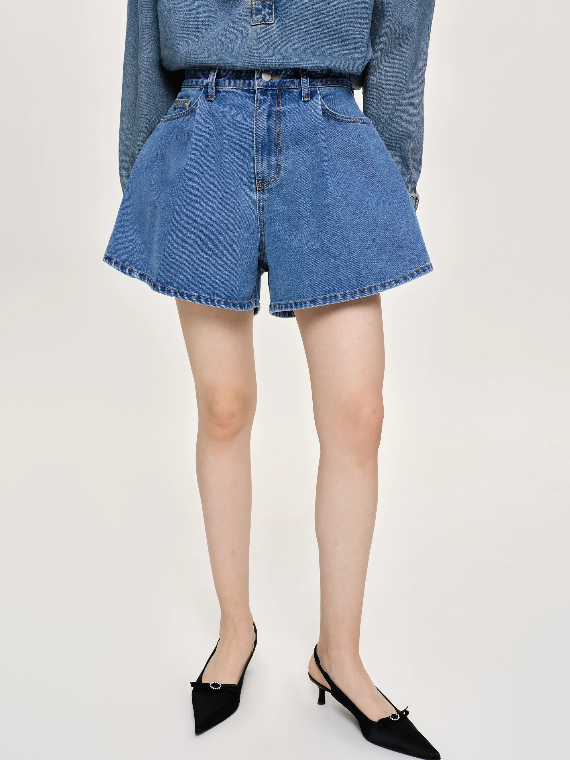 Flared Denim Shorts, Medium Blue