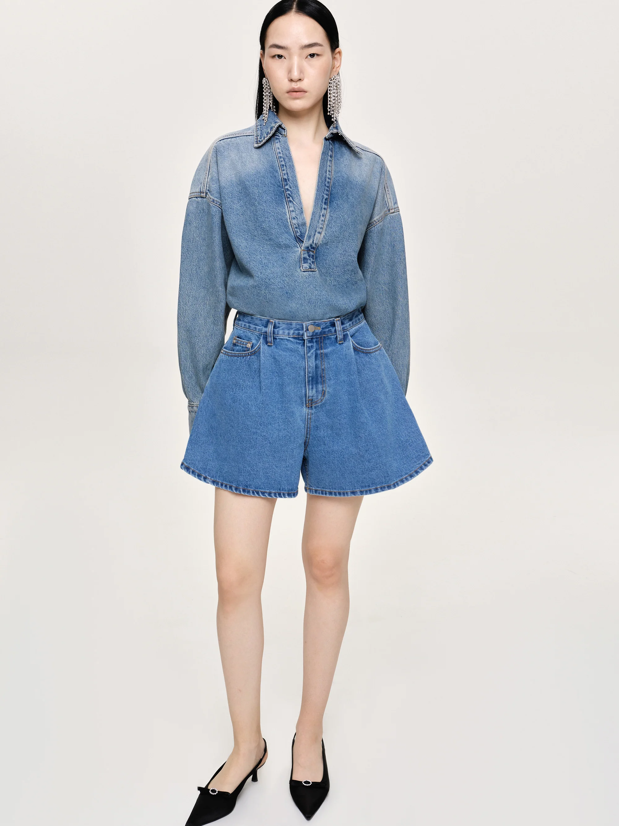 Flared Denim Shorts, Medium Blue - Image 2