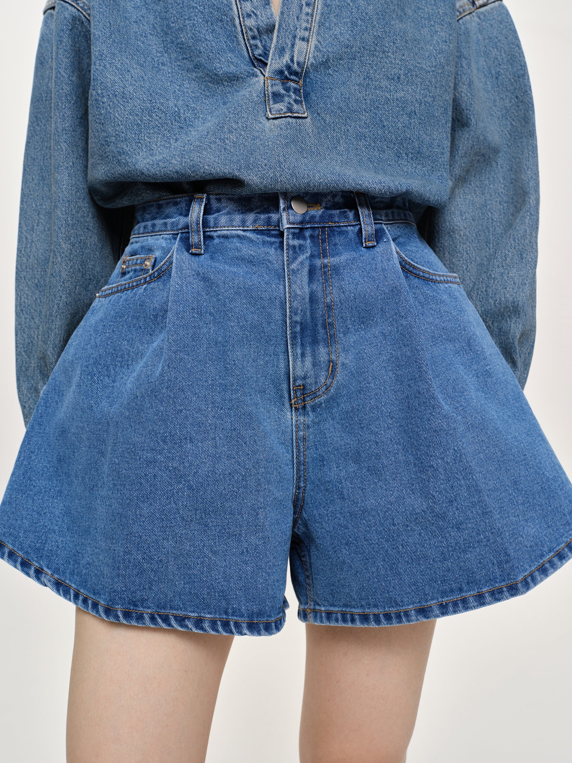 Flared Denim Shorts, Medium Blue - Image 3