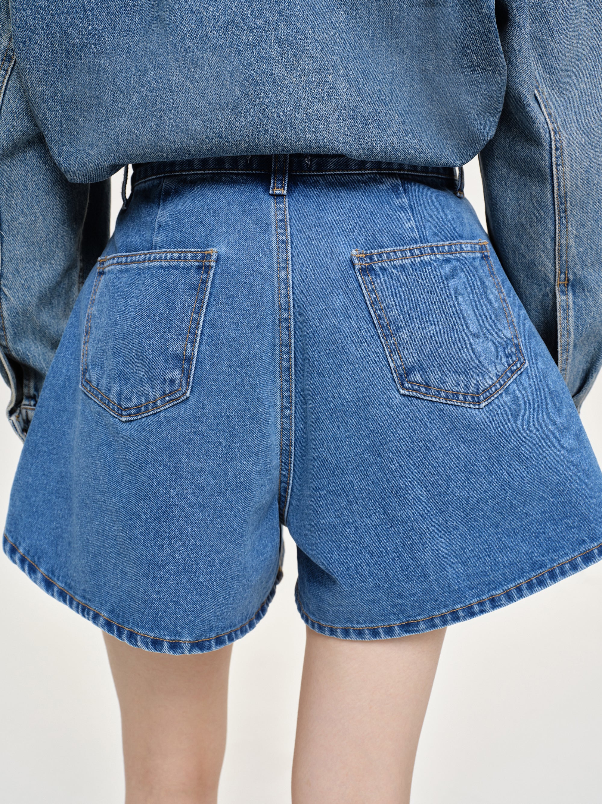 Flared Denim Shorts, Medium Blue - Image 5