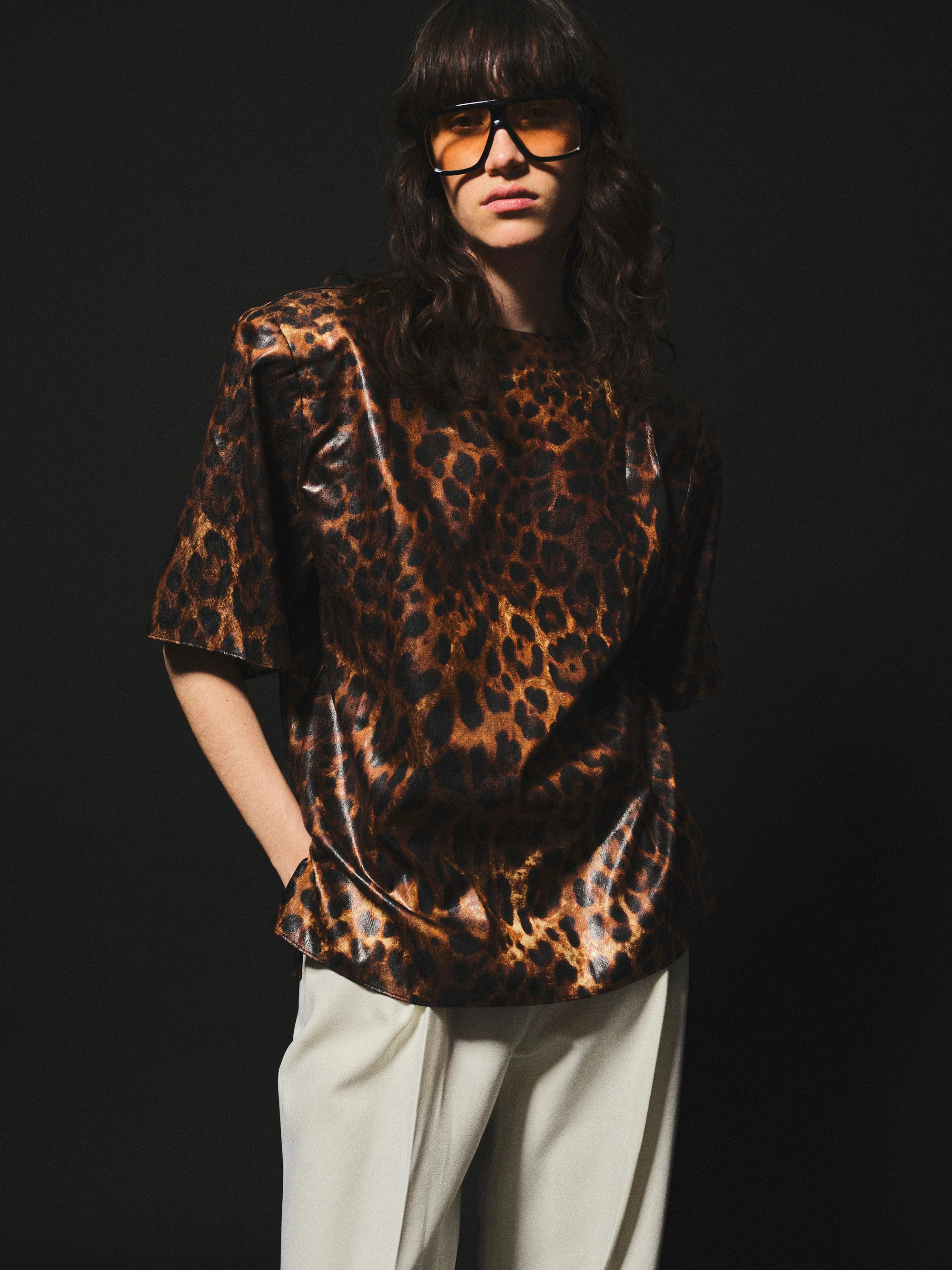 Printed Shoulder-Pad Top, Leopard