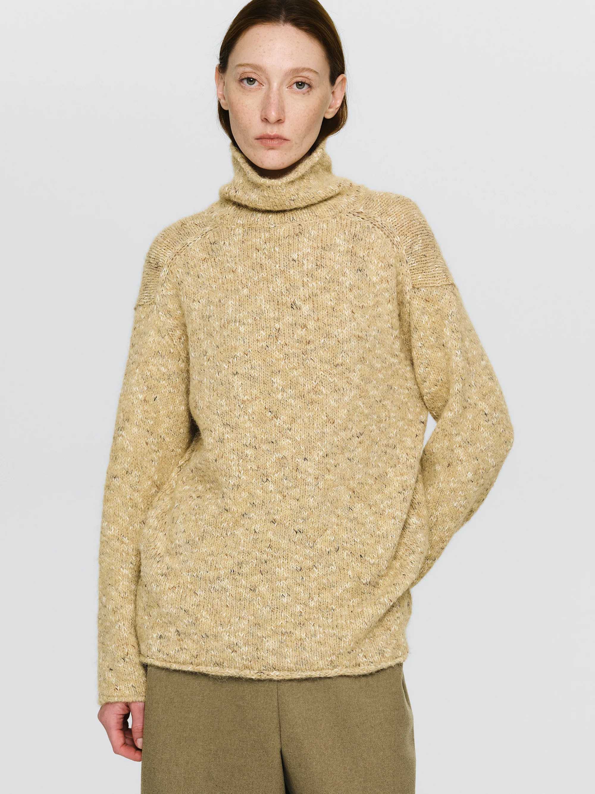 Relaxed Melange Turtleneck, Beige