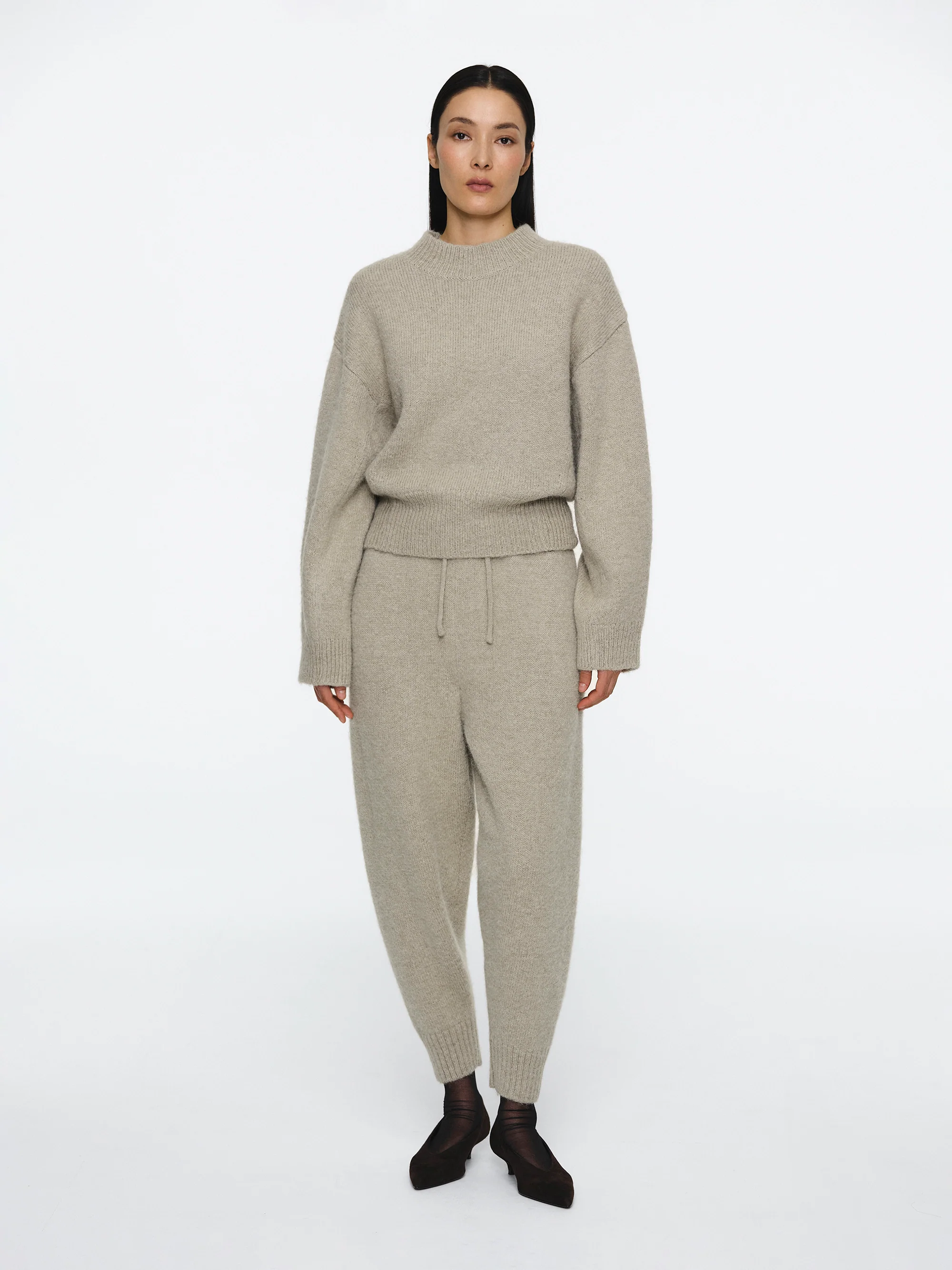 Relaxed Wool-Blend Lounge Knit Pants, Beige - Image 2