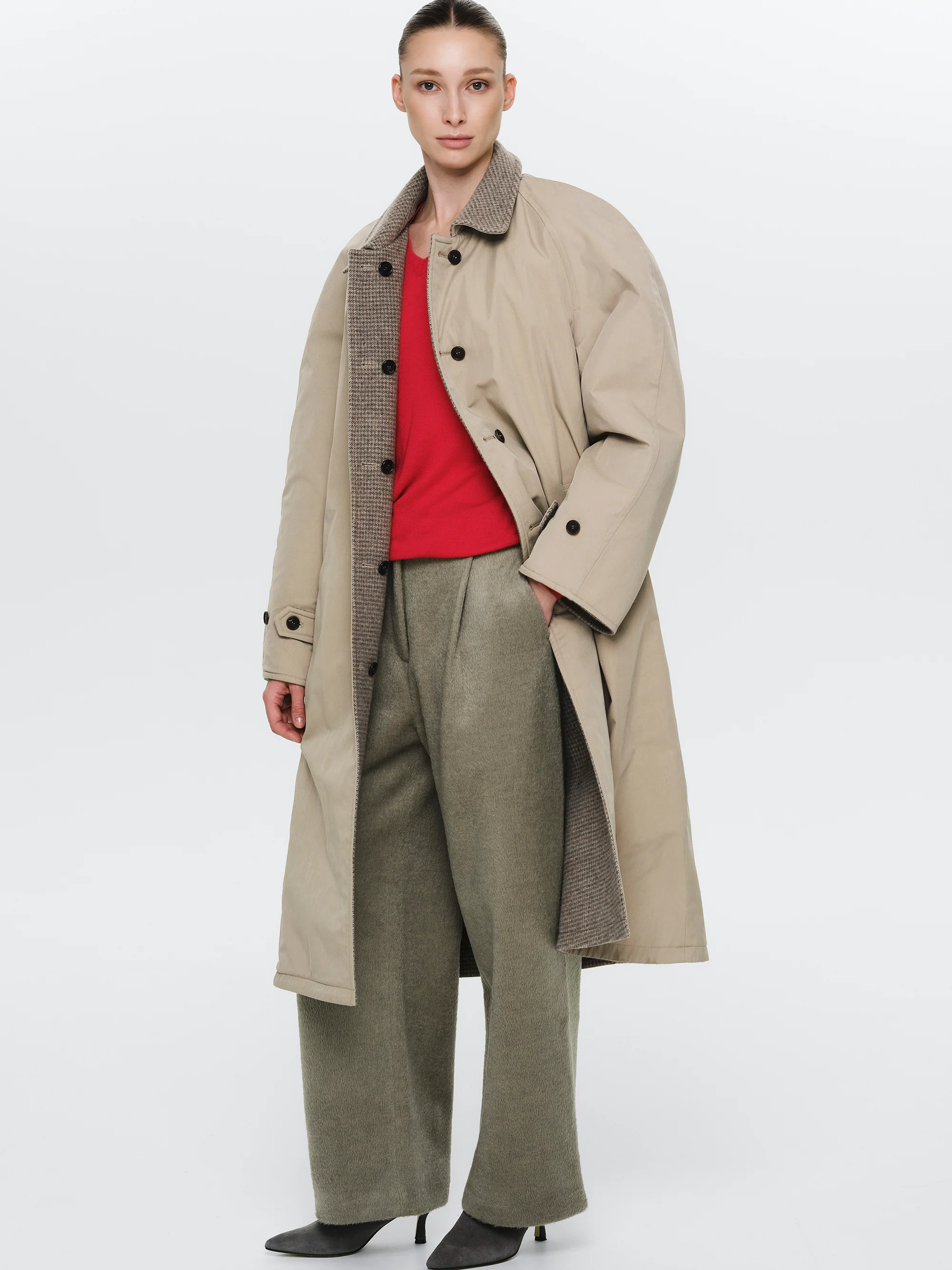 Reversible Wool Coat, Beige Plaid