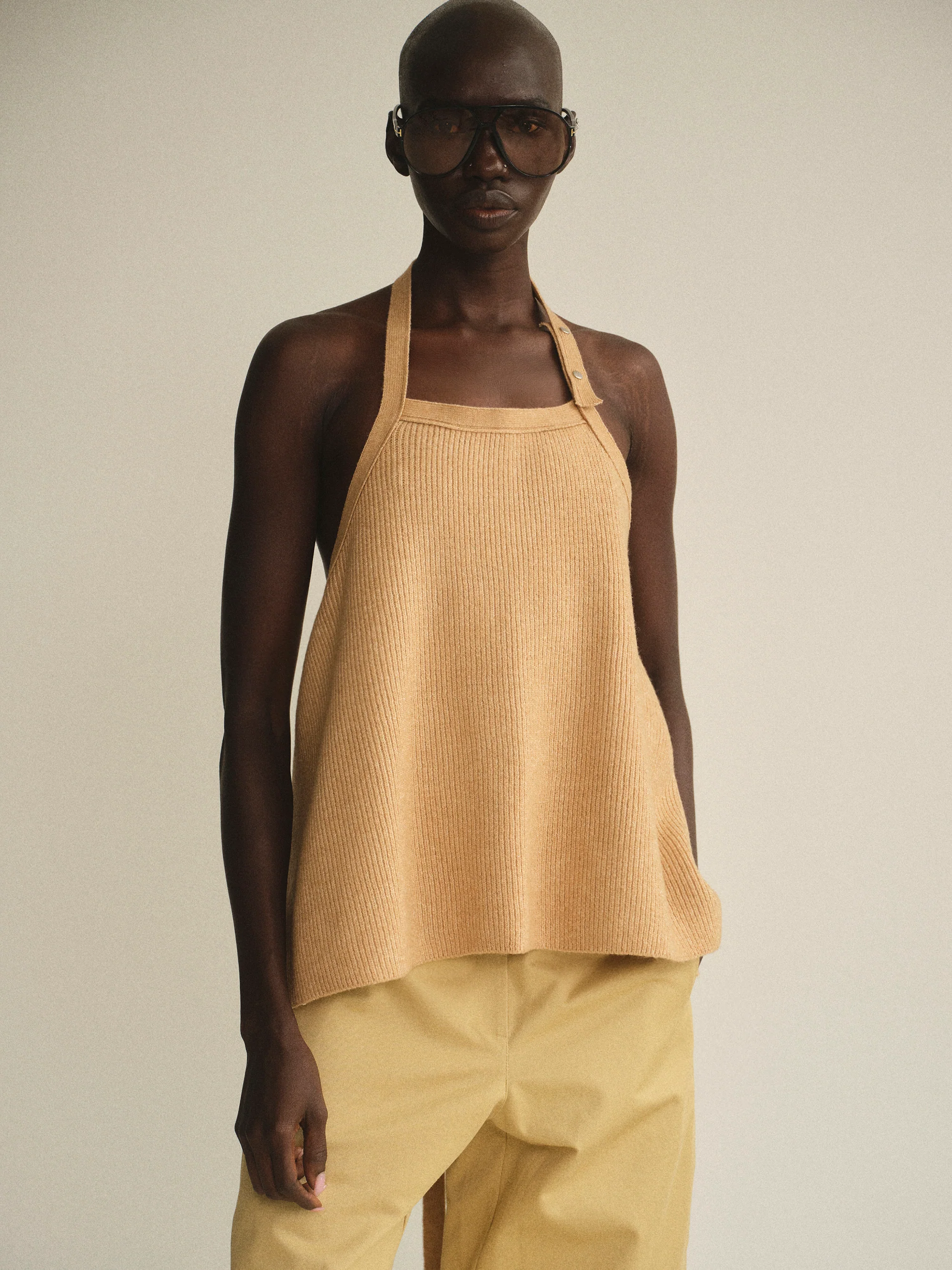 Rib-Knit Halter Tank Top, Sahara