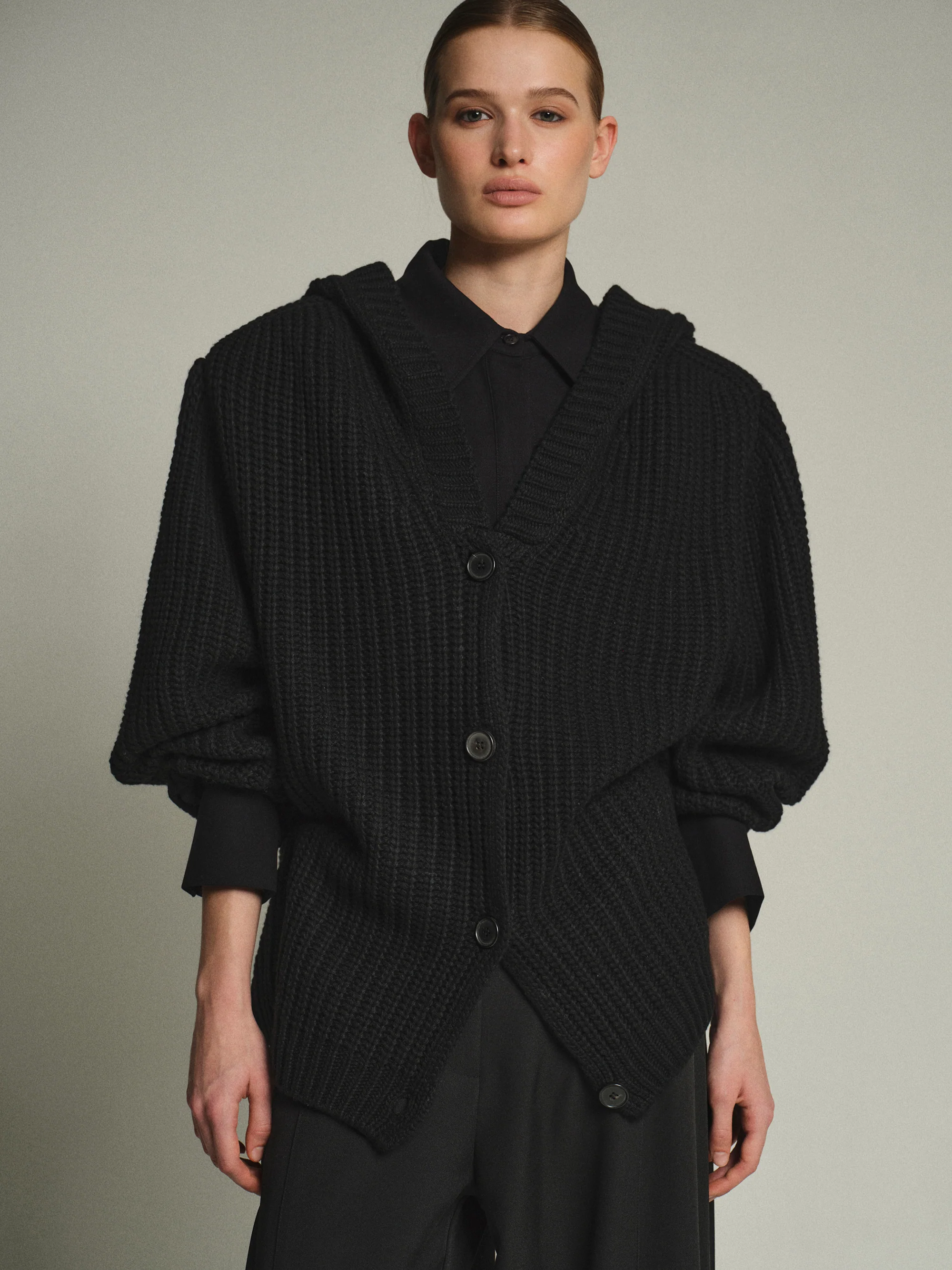 Rib Knit Hooded Cardigan, Black