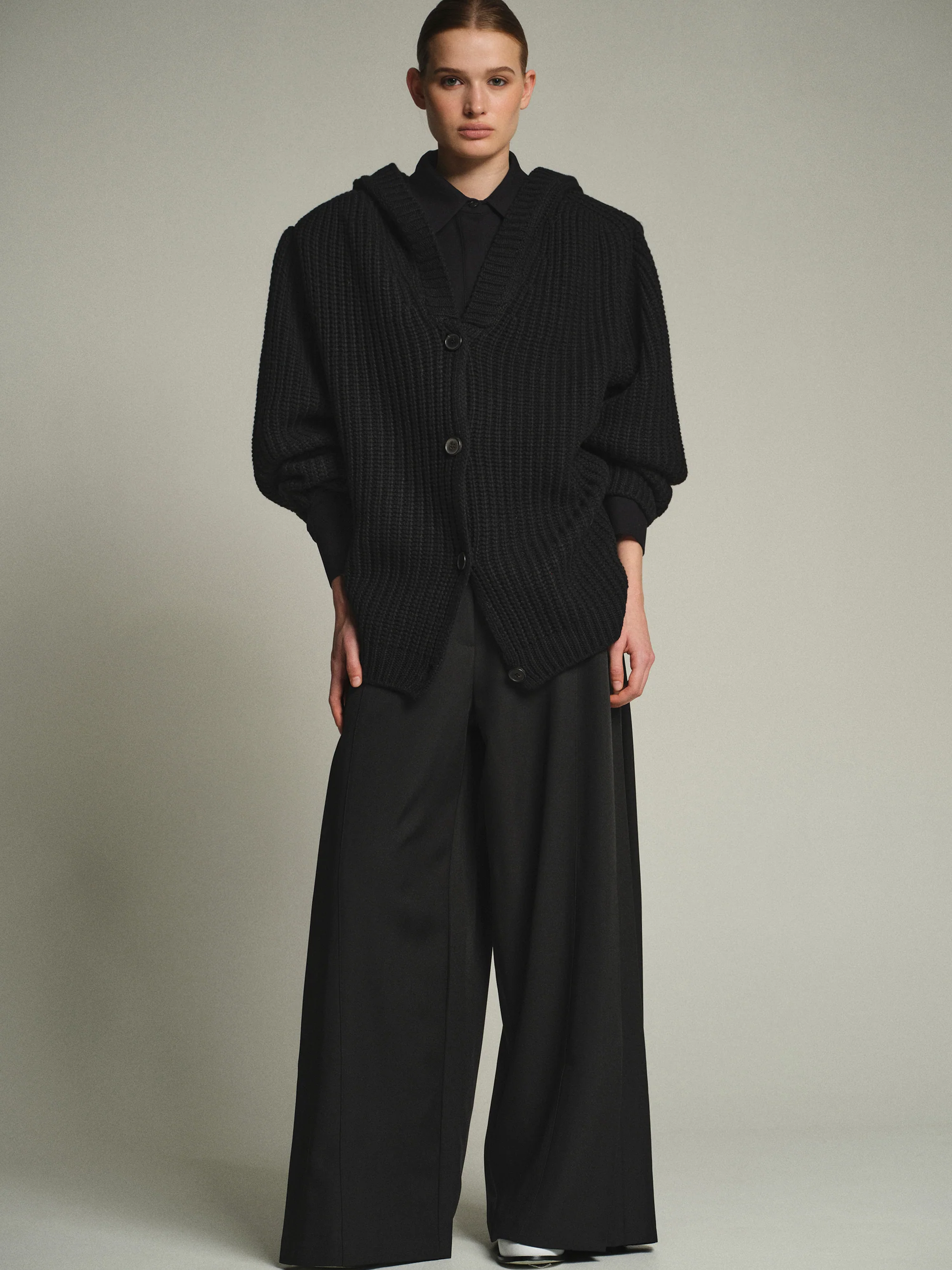 Rib Knit Hooded Cardigan, Black - Image 2