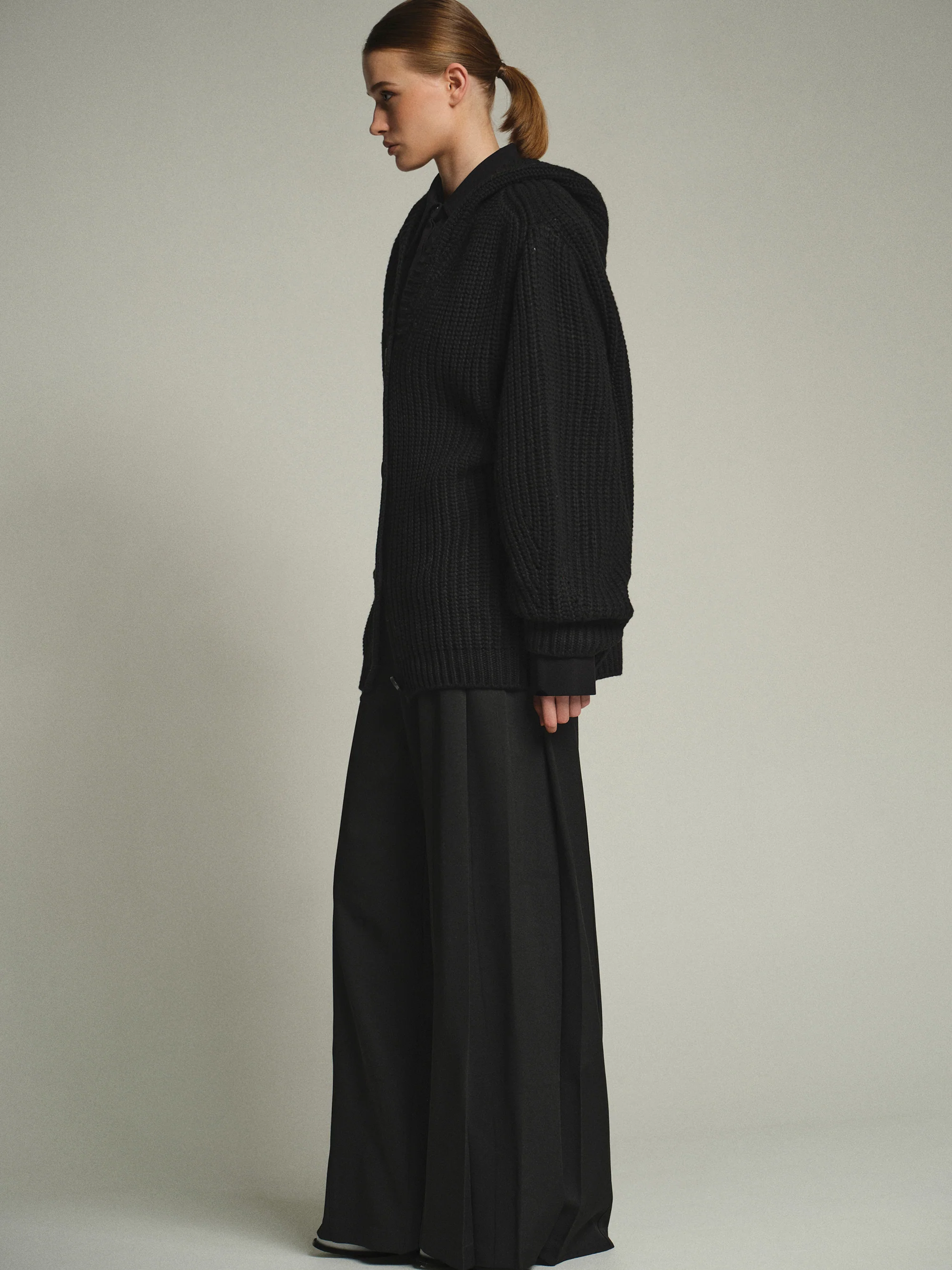 Rib Knit Hooded Cardigan, Black - Image 3