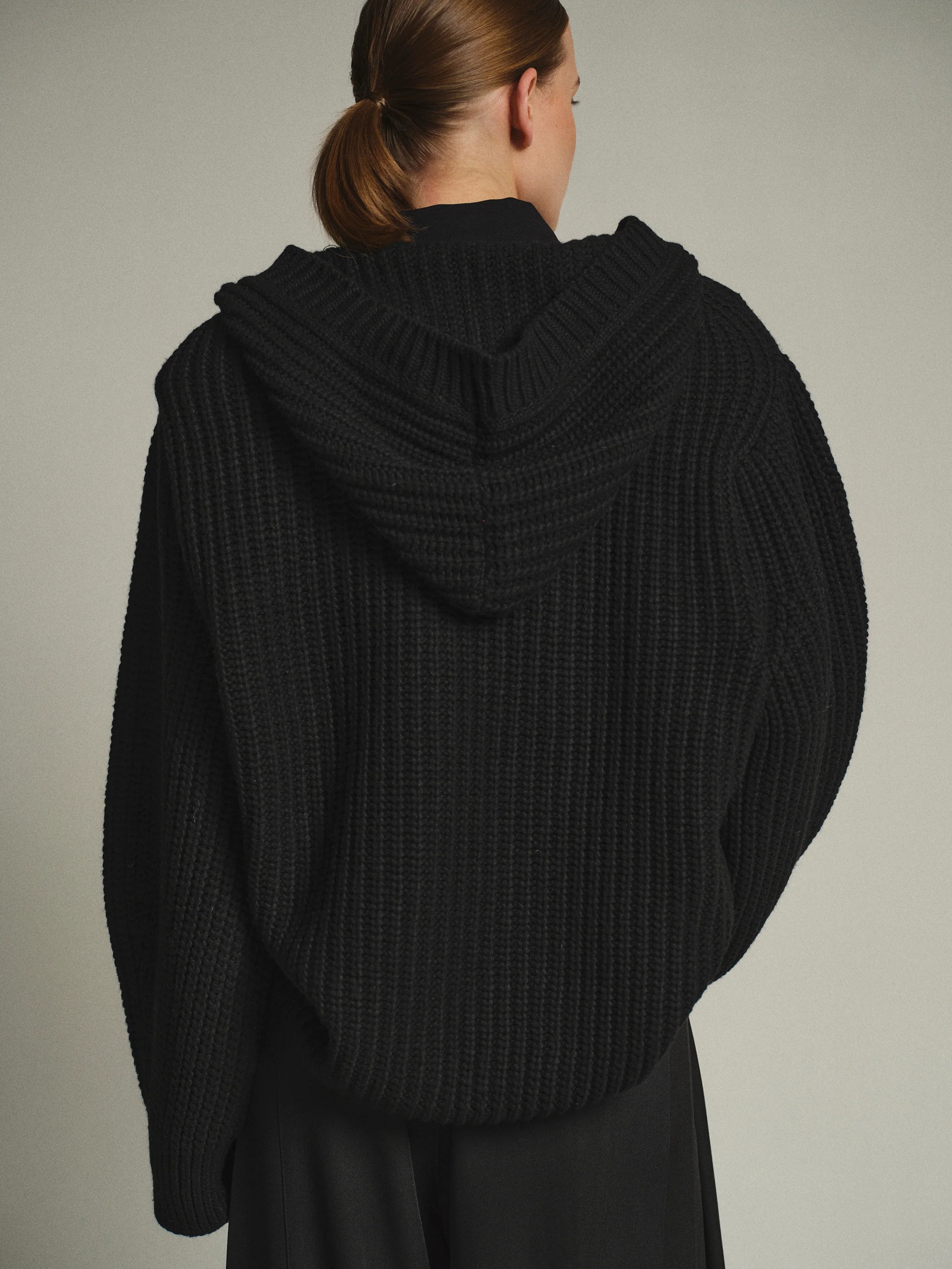 Rib Knit Hooded Cardigan, Black - Image 4
