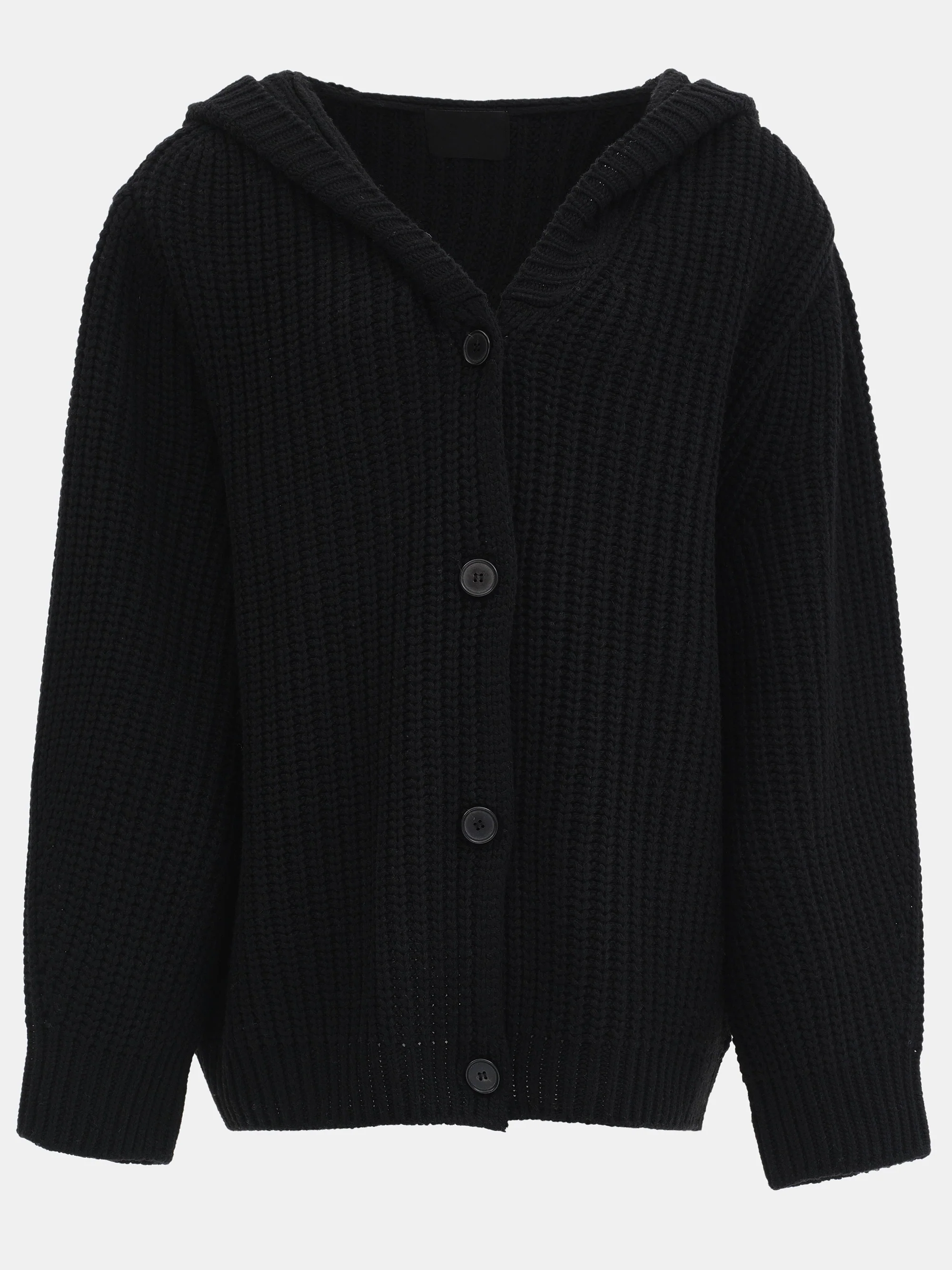 Rib Knit Hooded Cardigan, Black - Image 5