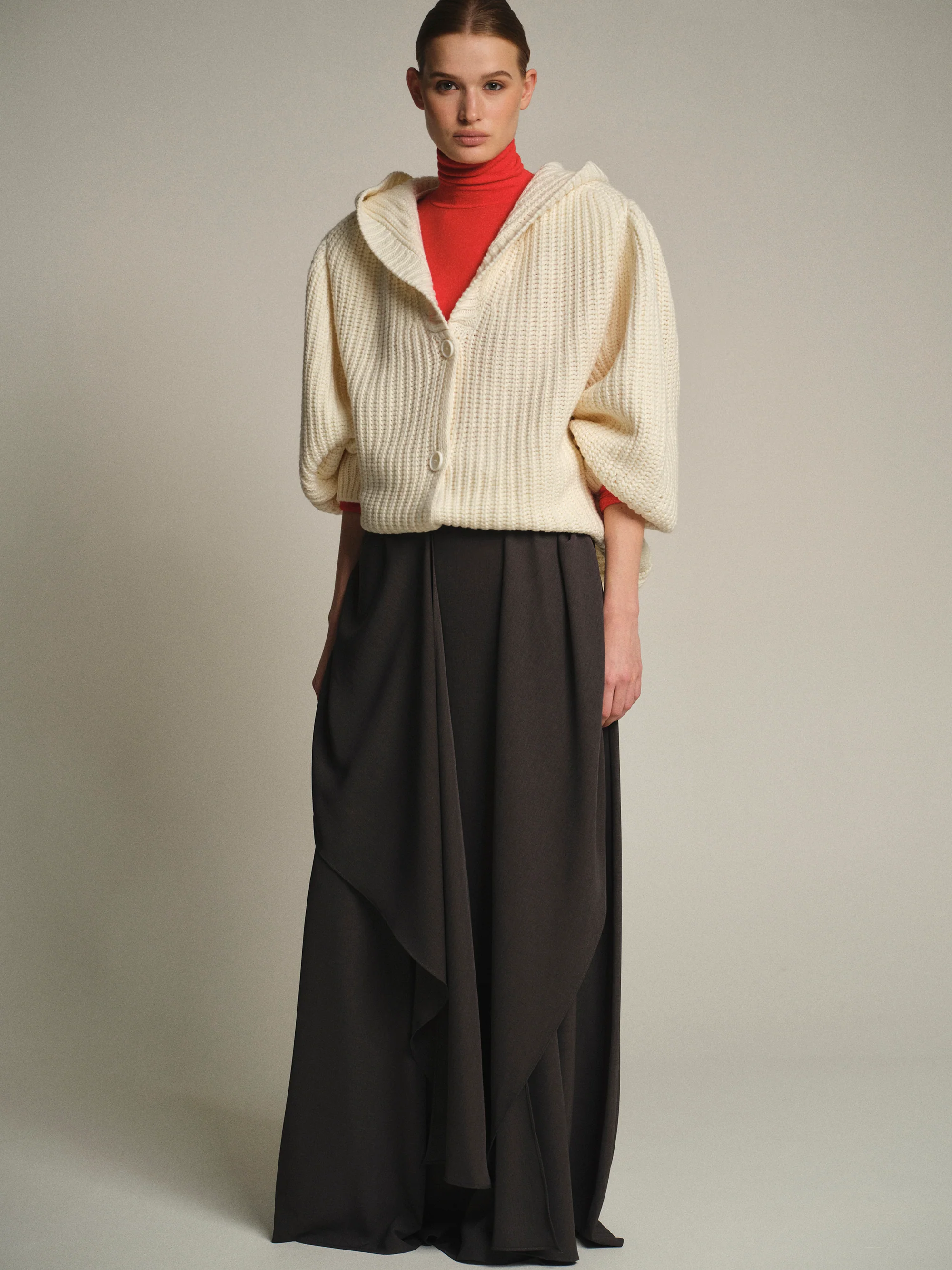 Rib Knit Hooded Cardigan, Ivory