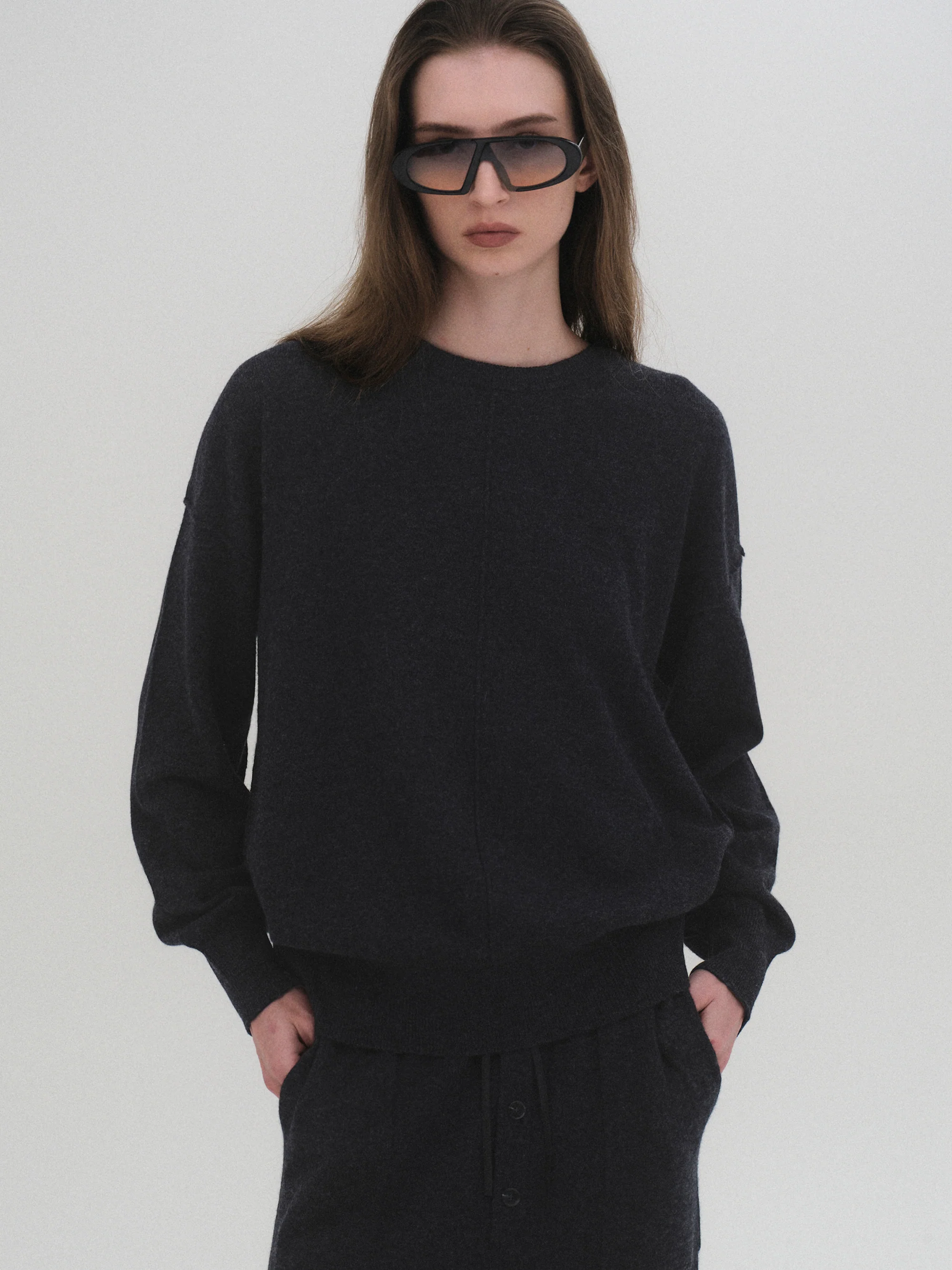 Round-Neck Wool Top, Black