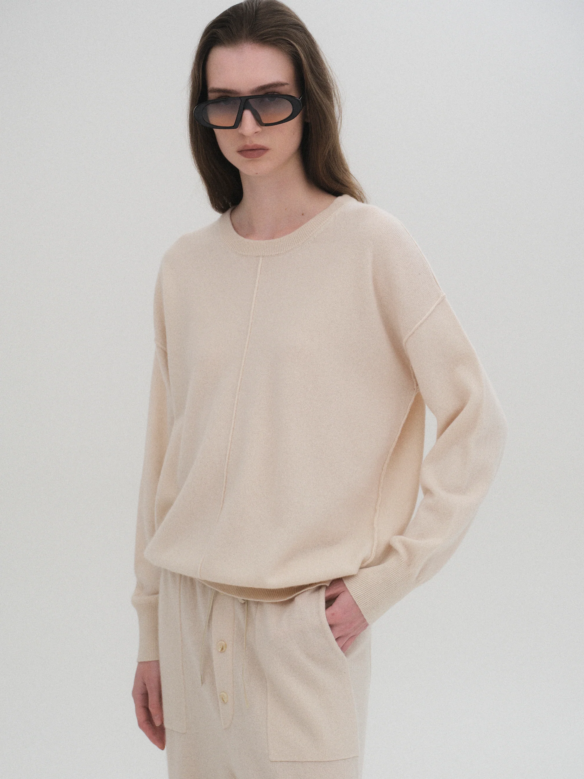 Round-Neck Wool Top, Ivory