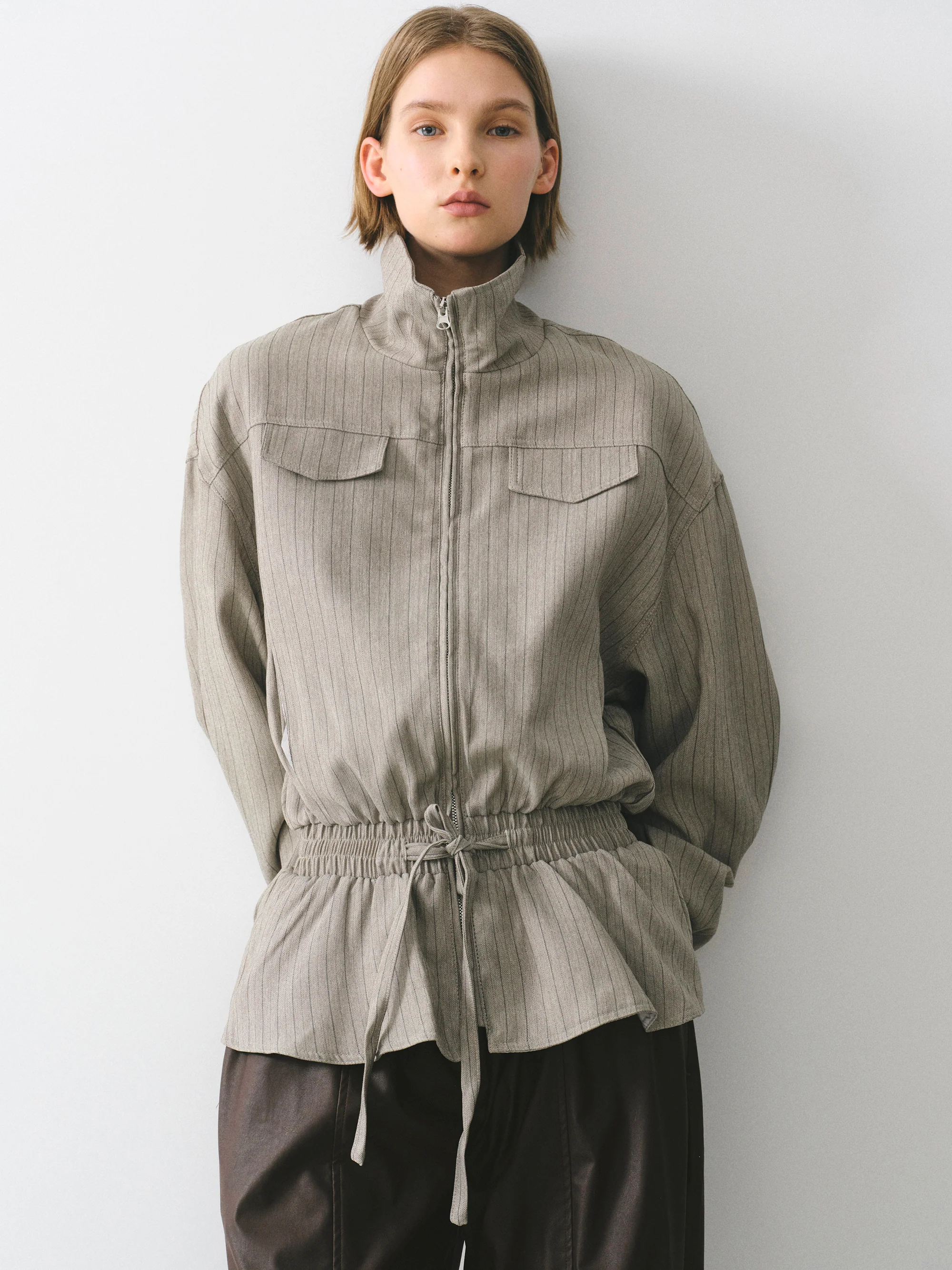 Rowan Drawstring Peplum Track Jacket, Beige - Image 3