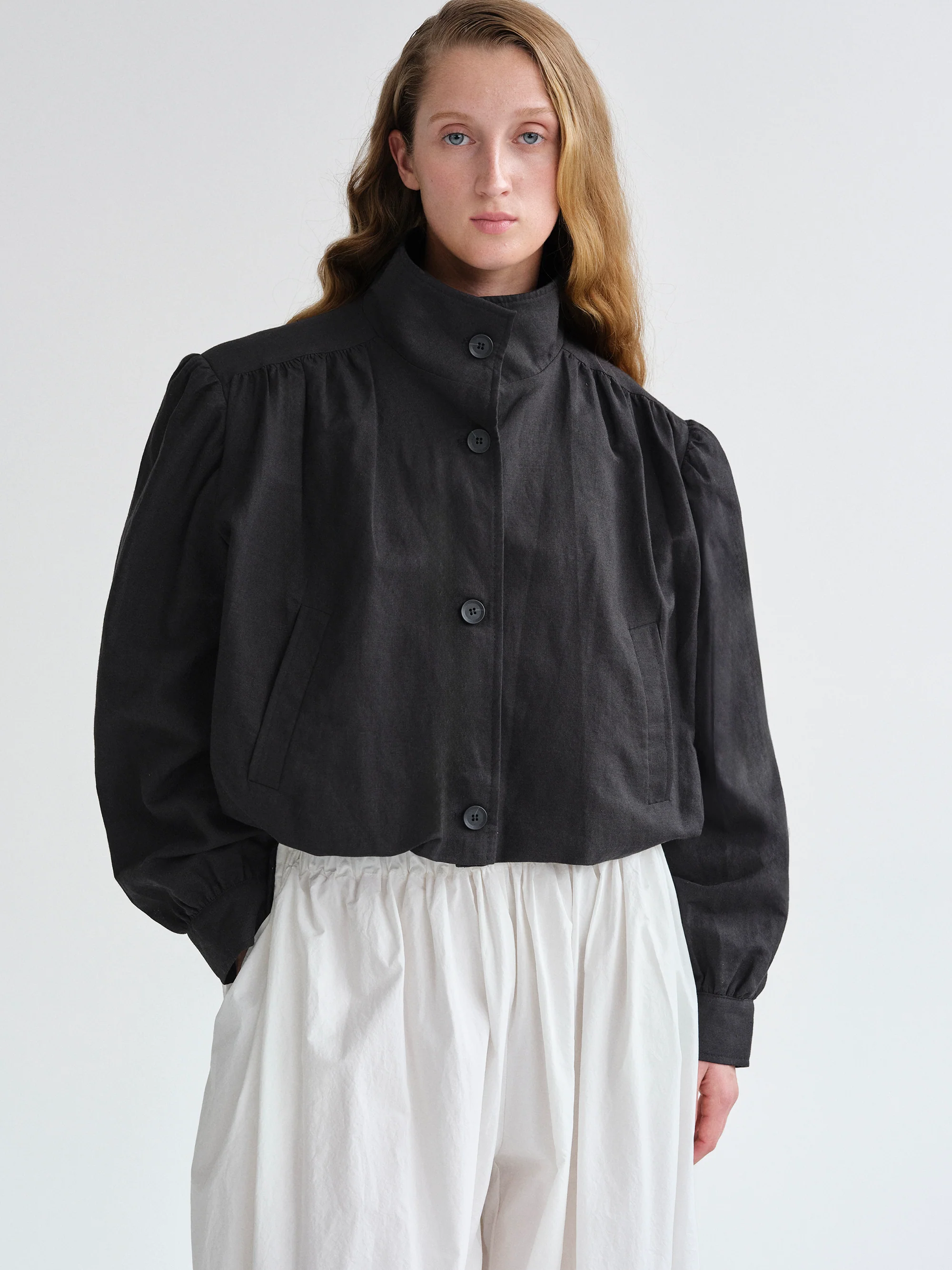 Ruched Linen Bomber, Black