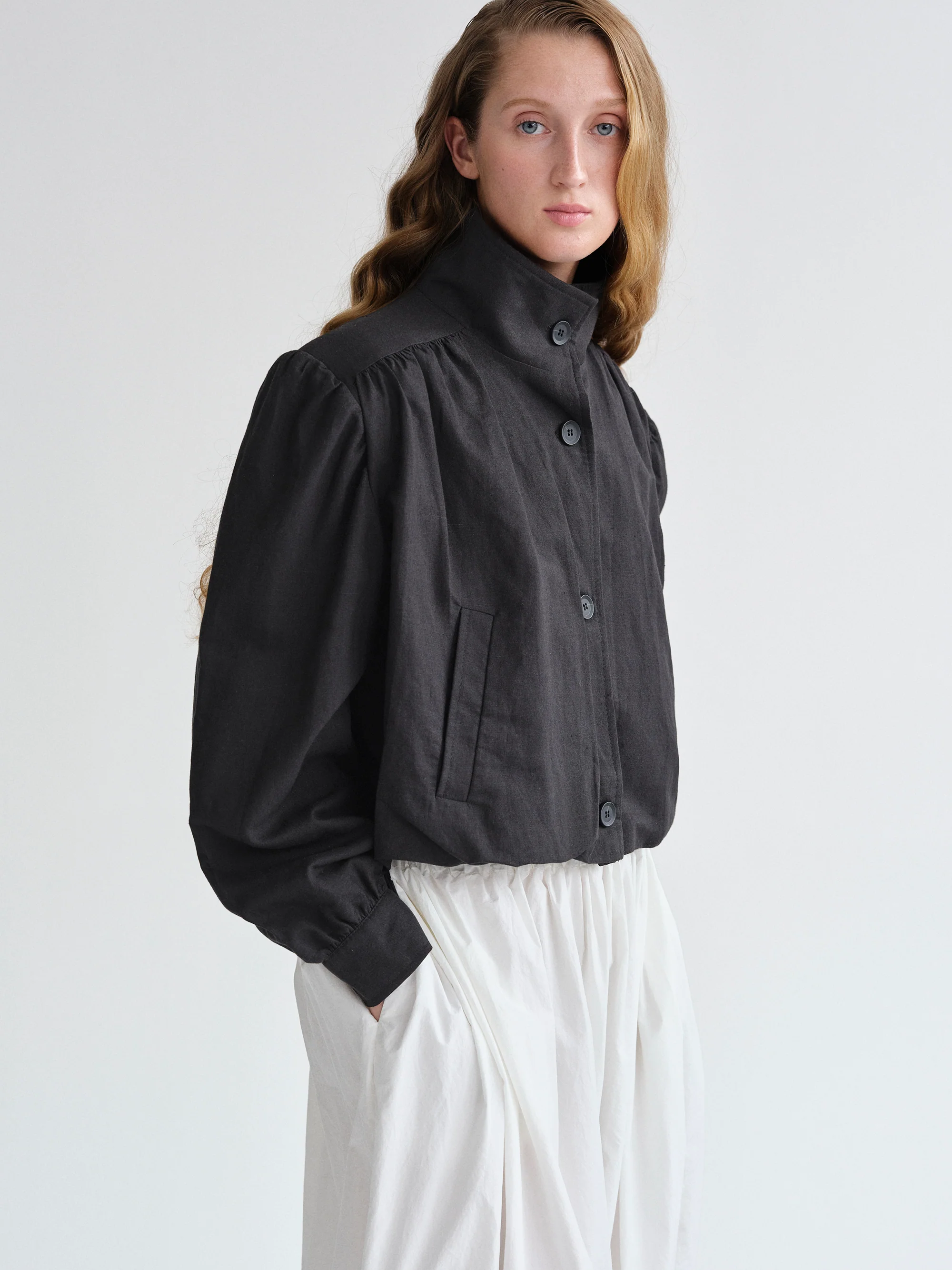 Ruched Linen Bomber, Black - Image 2