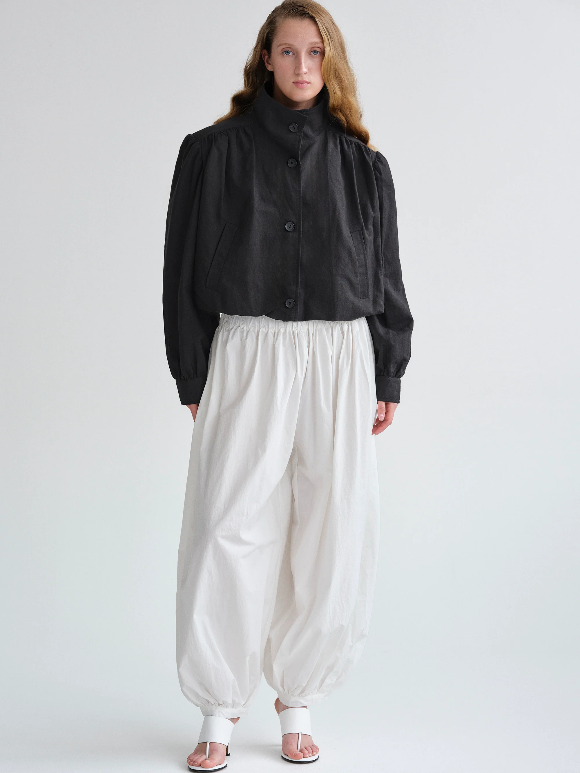 Ruched Linen Bomber, Black - Image 3