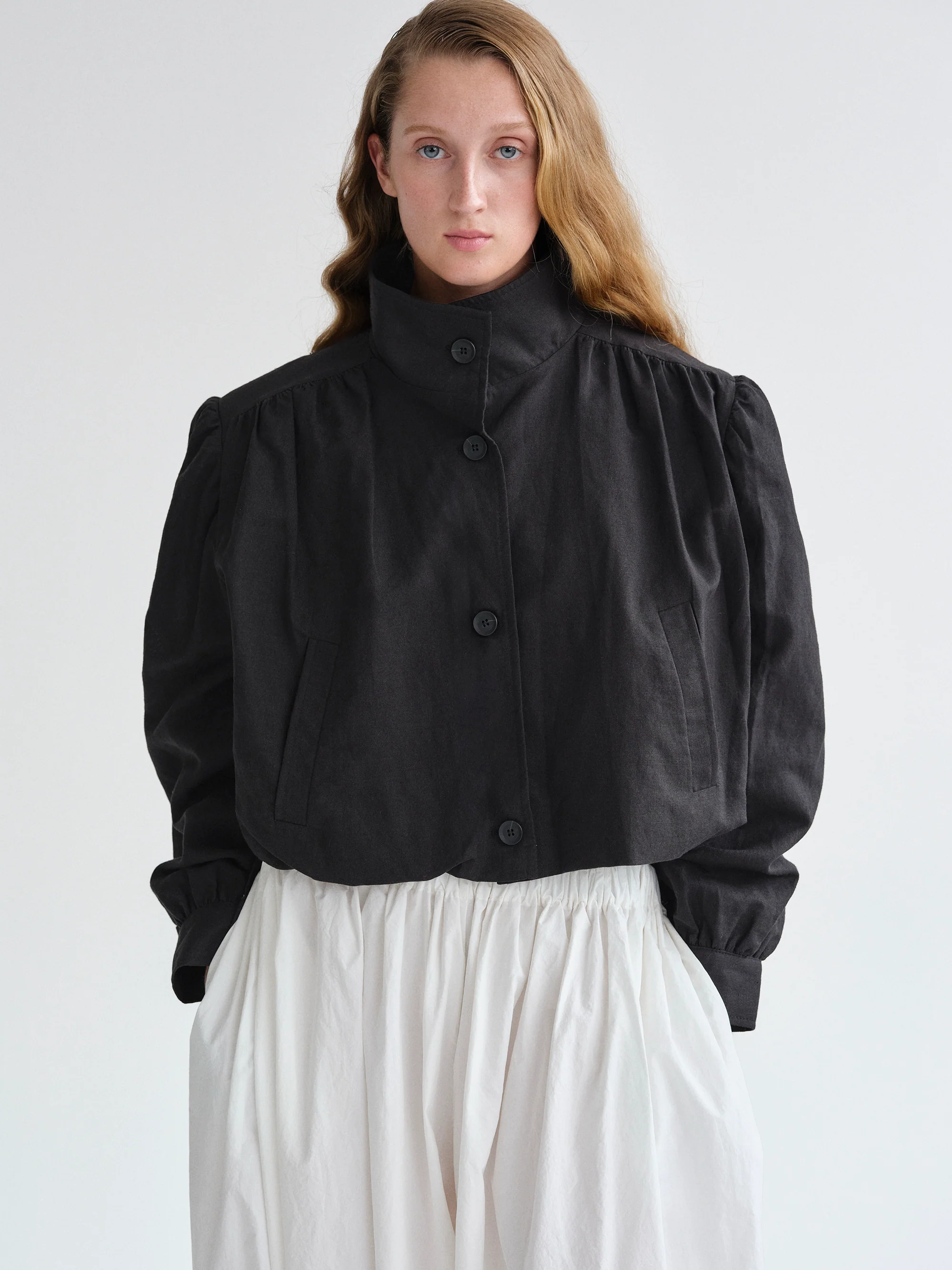 Ruched Linen Bomber, Black - Image 4